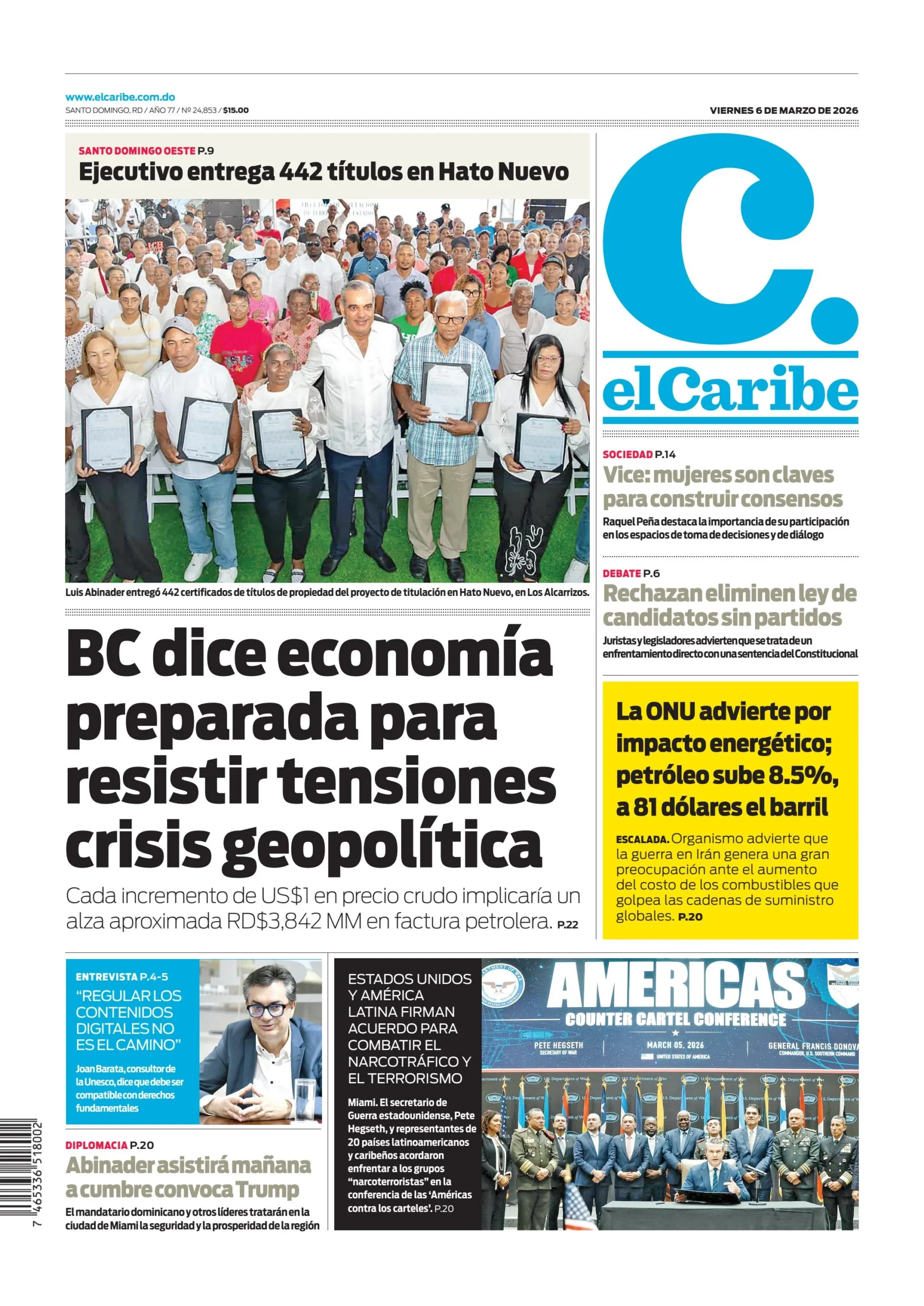 Portada Periódico El Caribe, Viernes 06, Marzo, 2026
