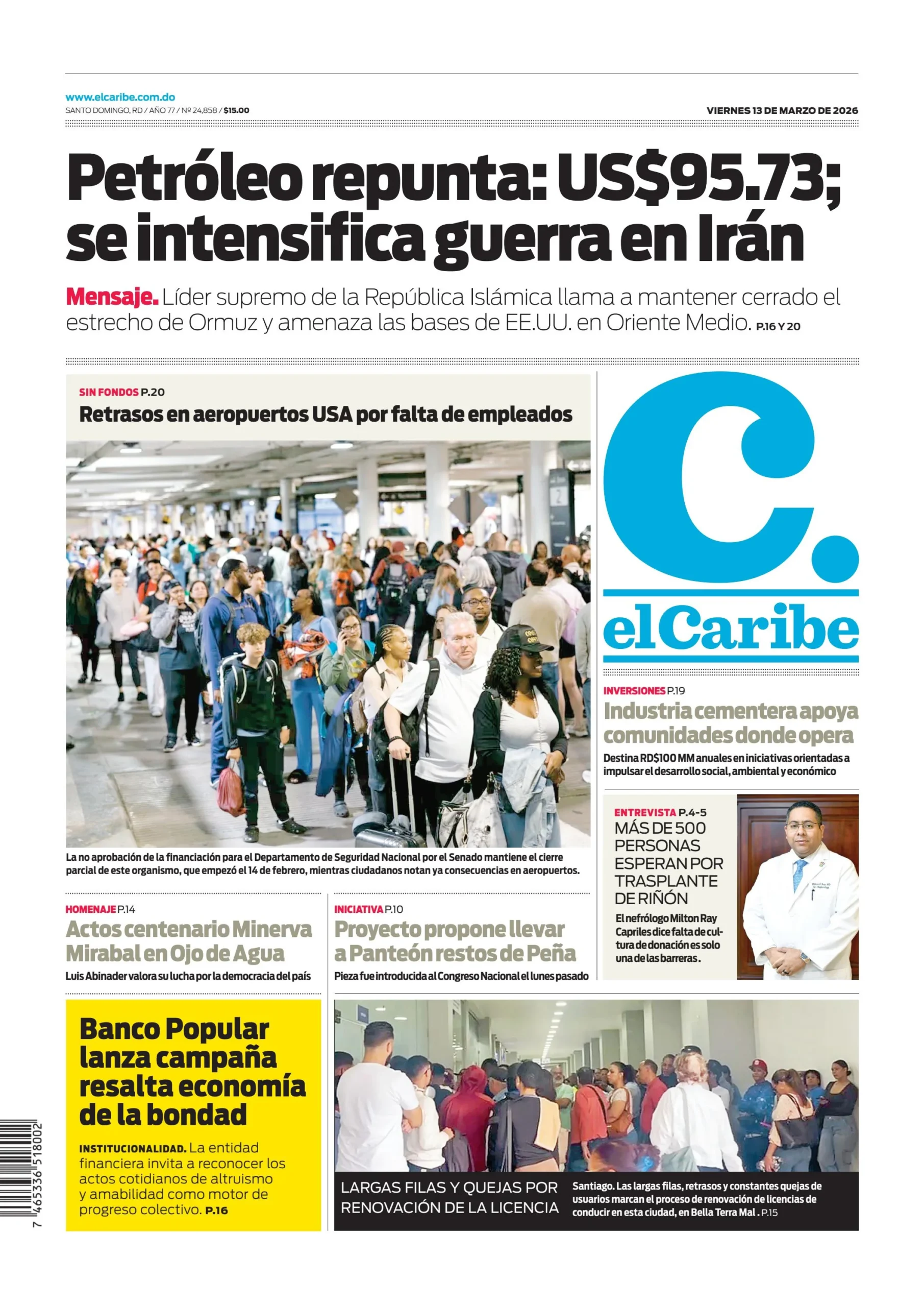Portada Periódico El Caribe, Viernes 13, Marzo, 2026