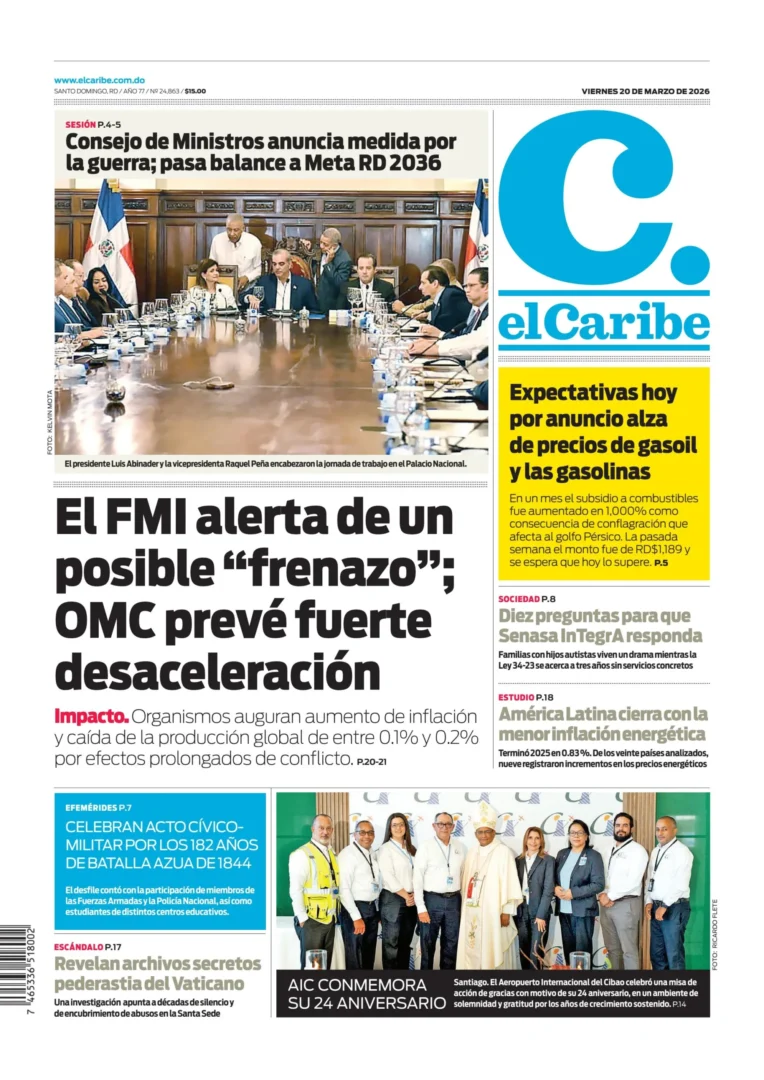 Portada Periódico El Caribe, Viernes 20, Marzo, 2026