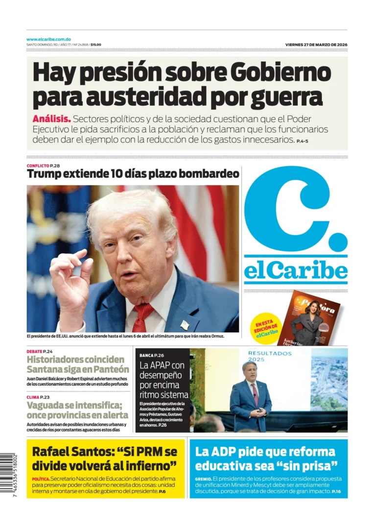 Portada Periódico El Caribe, Viernes 27, Marzo 2026
