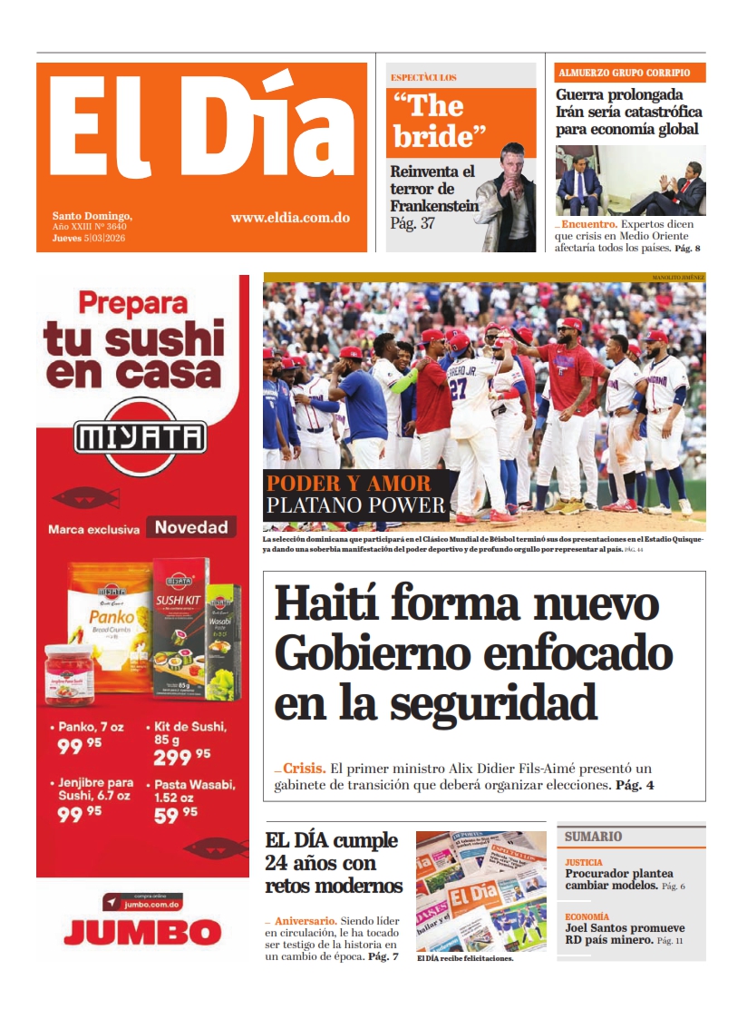 Portada Periódico El Día, Jueves 05, Marzo, 2026