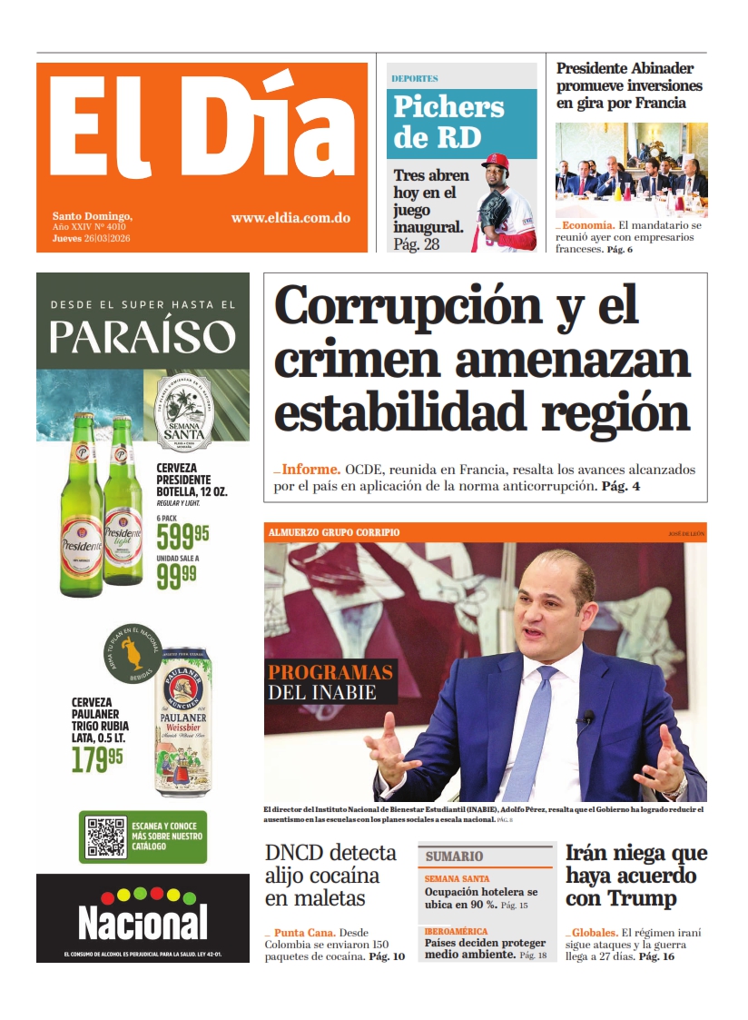 Portada Periódico El Día, Jueves 26, Marzo 2026