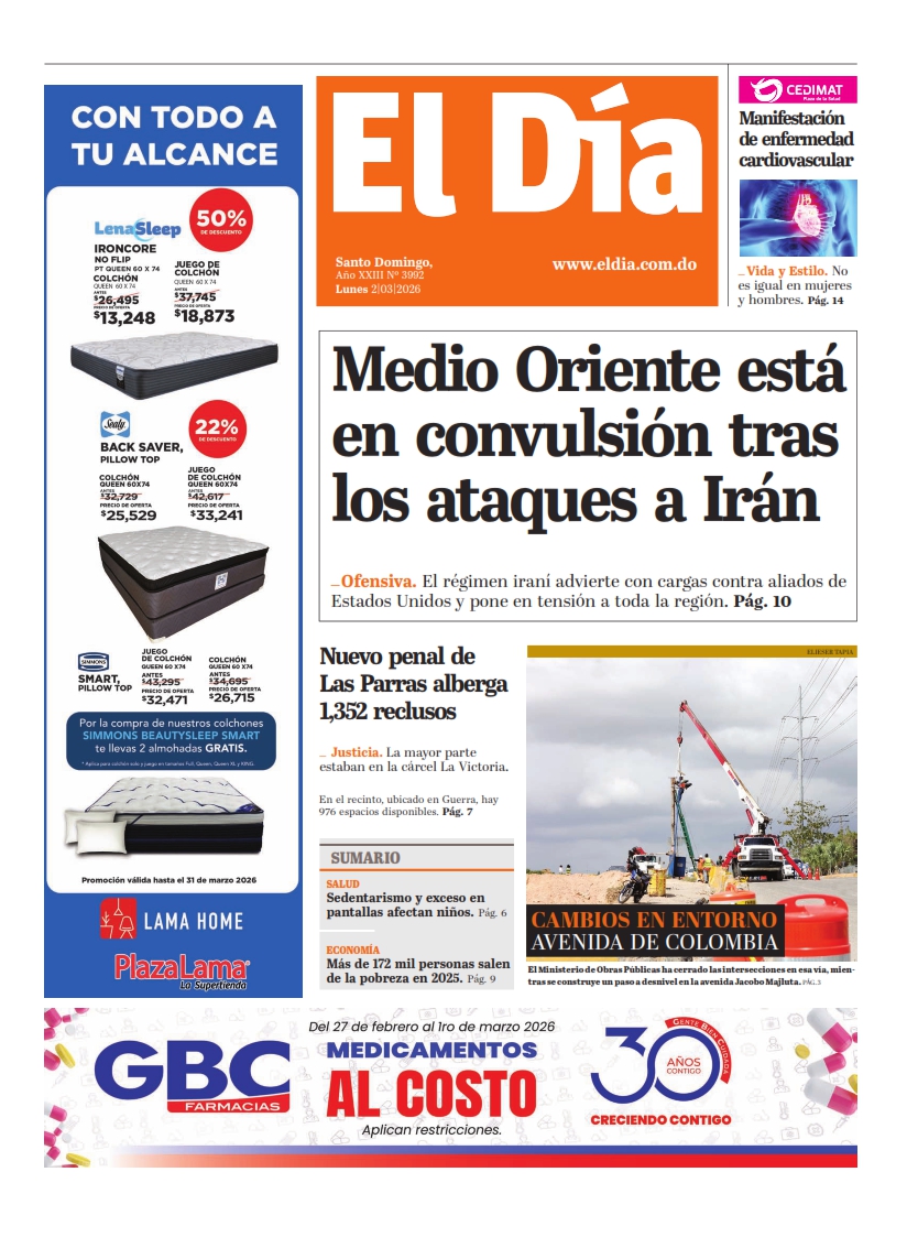 Portada Periódico El Día, Lunes 02, Marzo, 2026