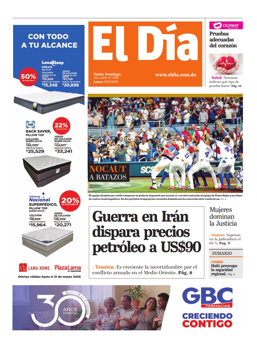 Portada Periódico El Día, Lunes 09, Marzo, 2026
