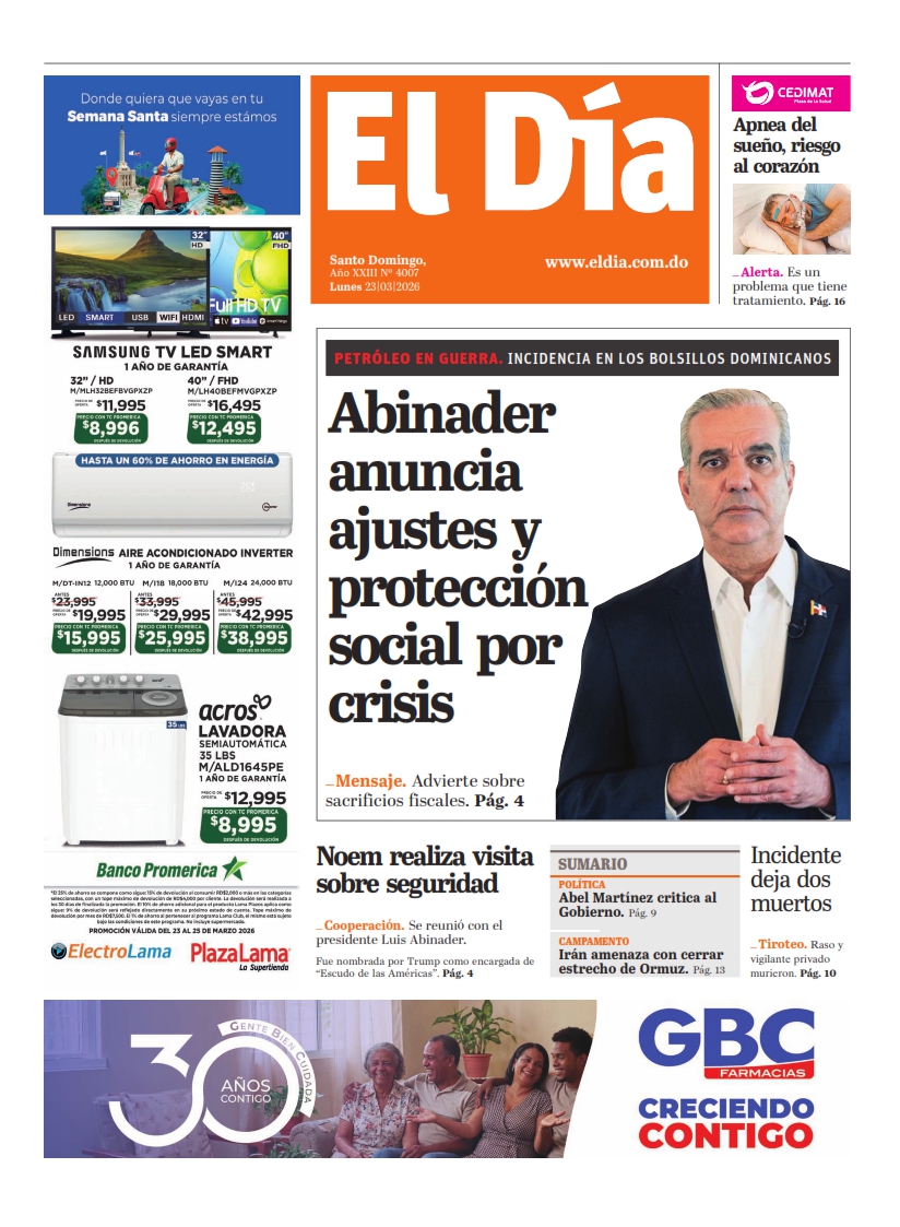 Portada Periódico El Día, Lunes 23, Marzo, 2026