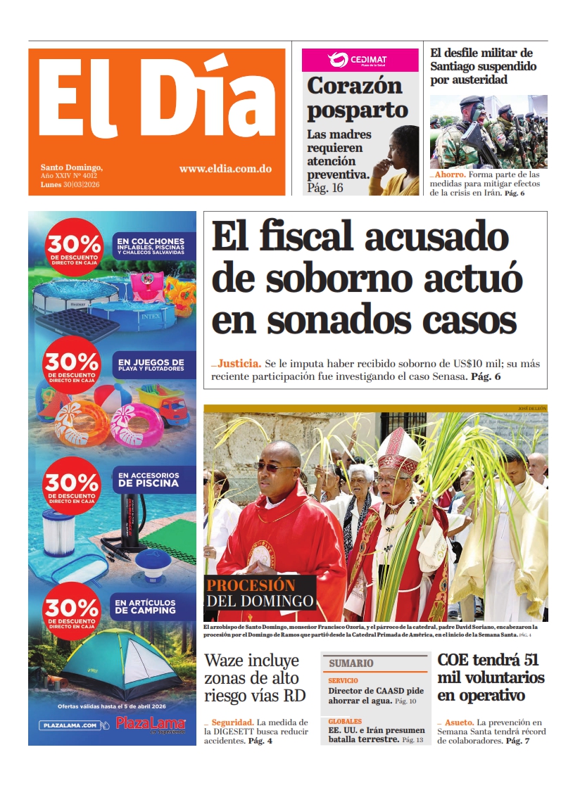Portada Periódico El Día, Lunes 30, Marzo 2026