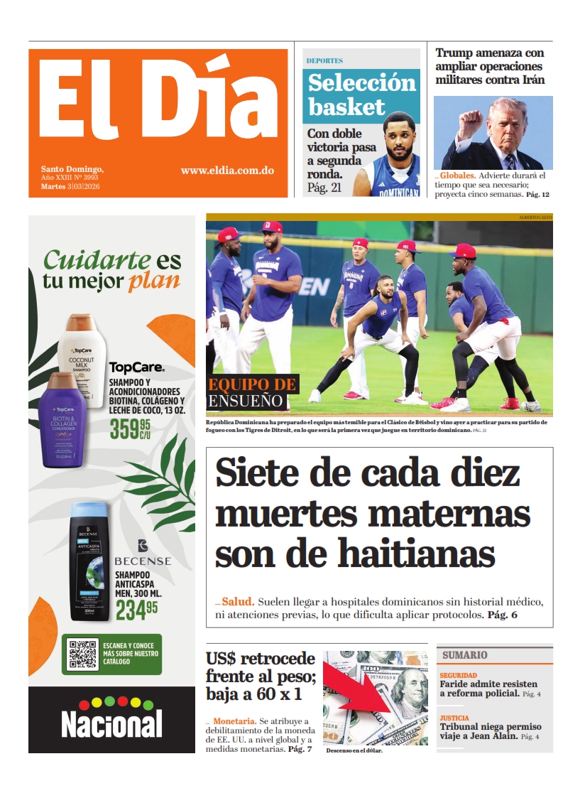 Portada Periódico El Día, Martes 03, Marzo, 2026