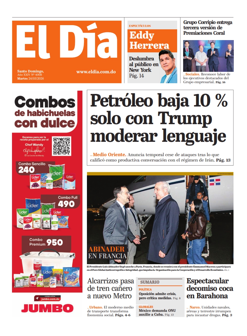 Portada Periódico El Día, Martes 24, Marzo, 2026