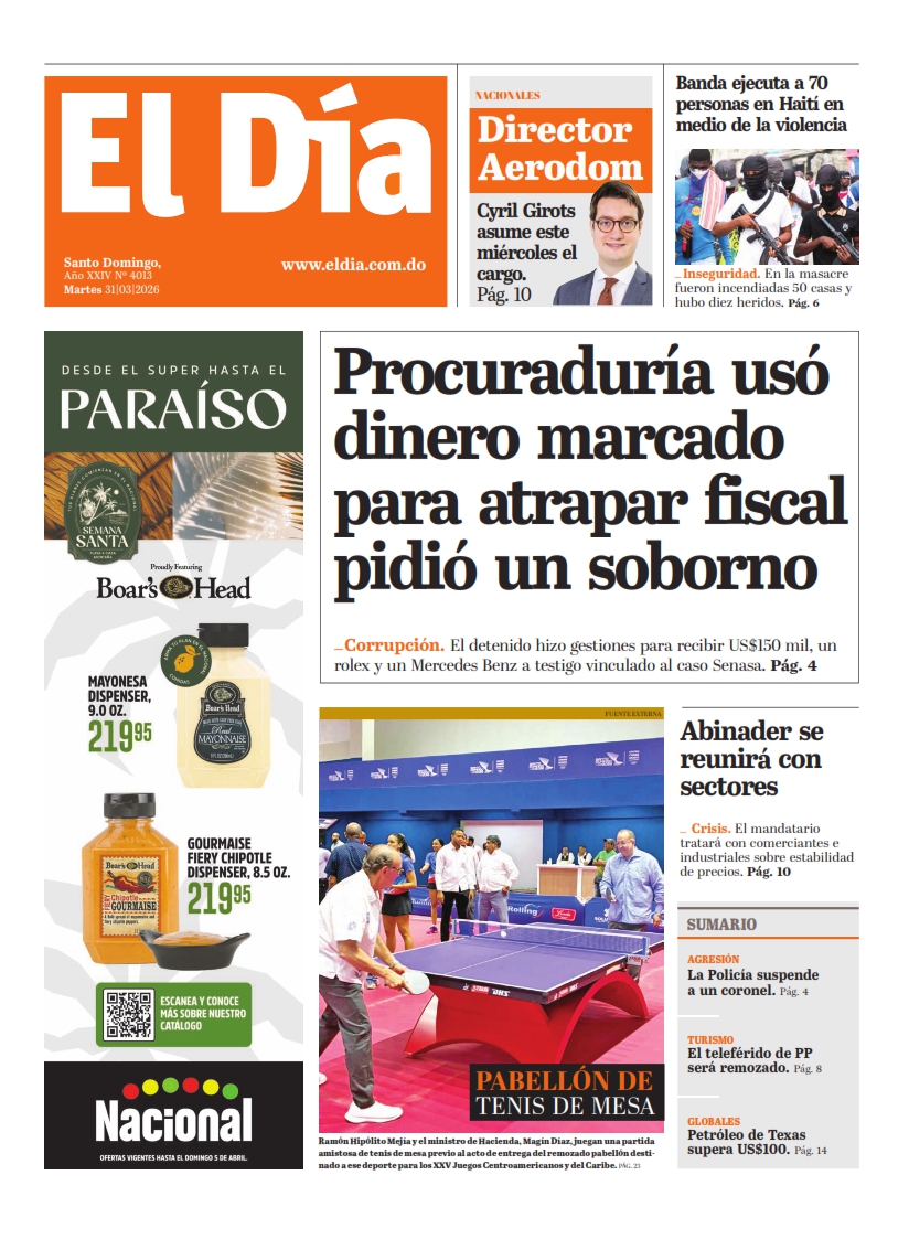 Portada Periódico El Día, Martes 31, Marzo 2026
