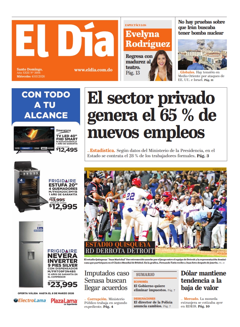 Portada Periódico El Día, Miércoles 04, Marzo, 2026