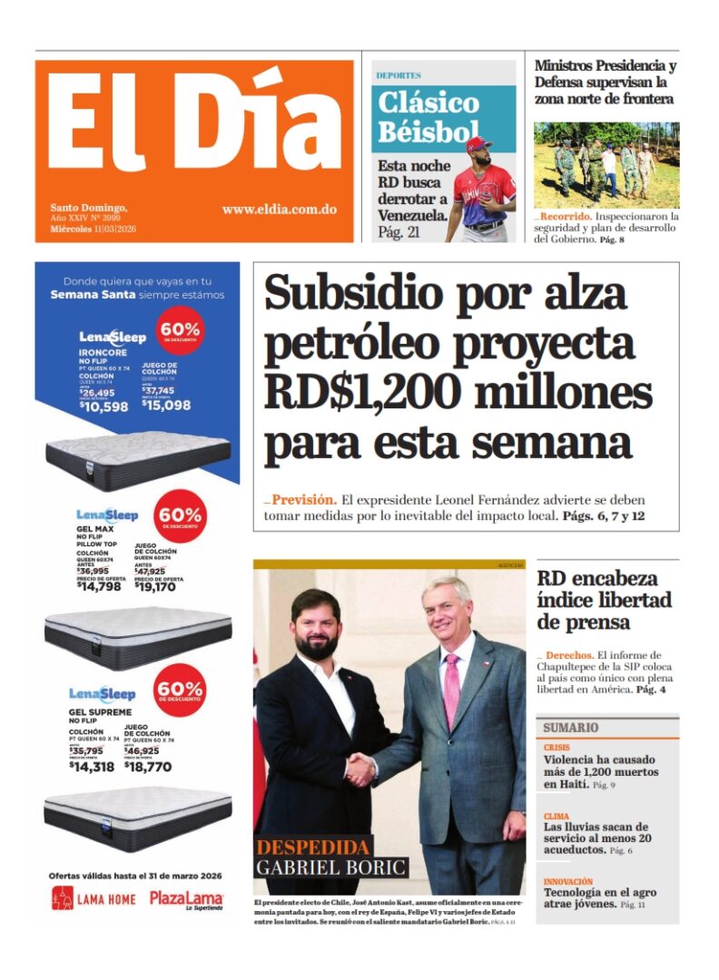 Portada Periódico El Día, Miércoles 11, Marzo, 2026