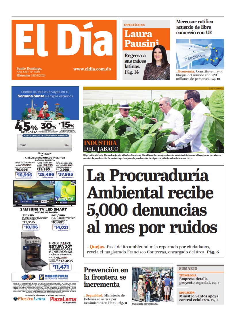 Portada Periódico El Día, Miércoles 18, Marzo, 2026