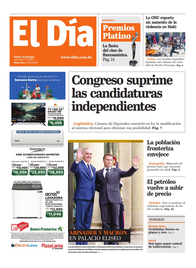 Portada Periódico El Día, Miércoles 25, Marzo, 2026