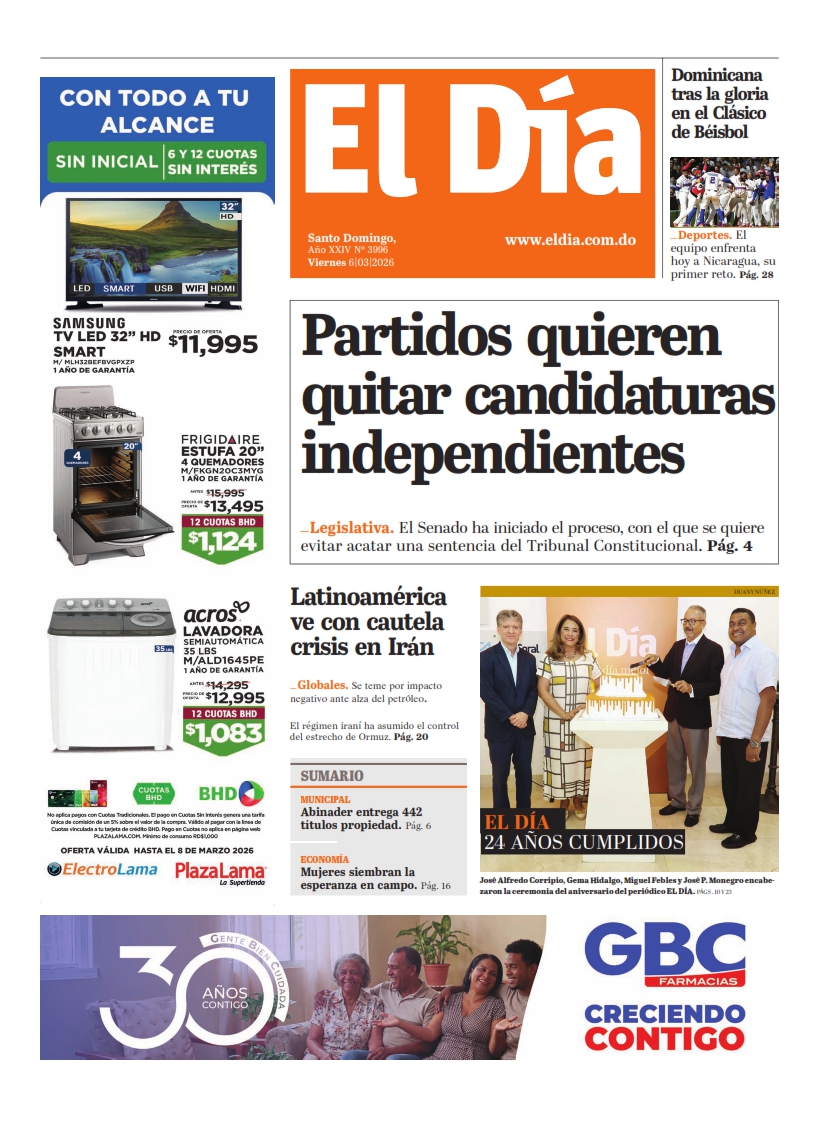 Portada Periódico El Día, Viernes 06, Marzo, 2026