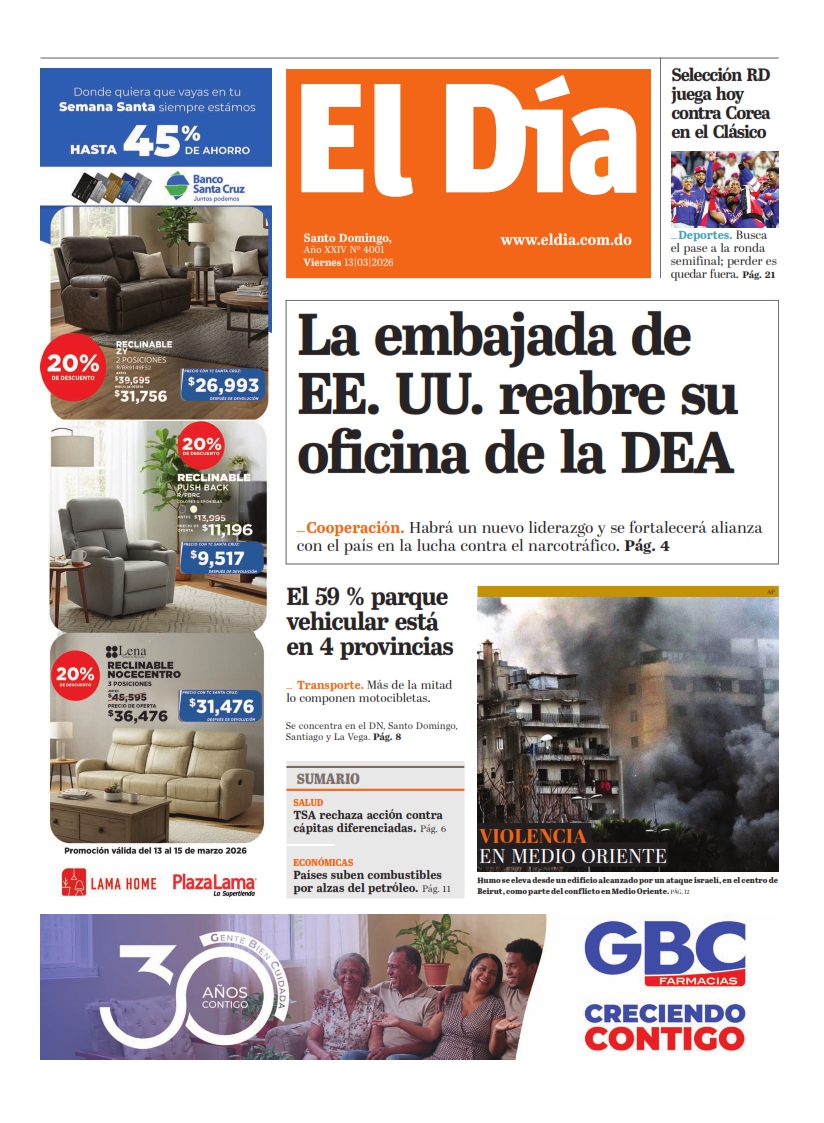 Portada Periódico El Día, Viernes 13, Marzo, 2026