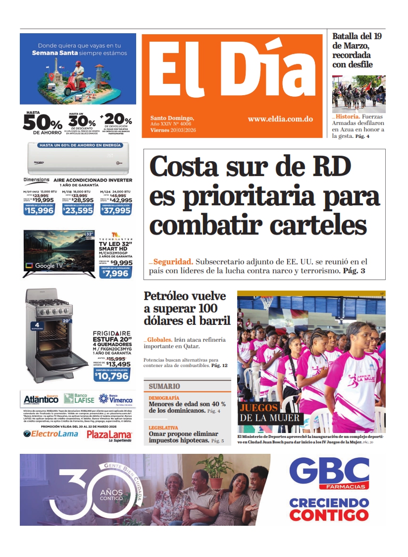 Portada Periódico El Día, Viernes 20, Marzo, 2026