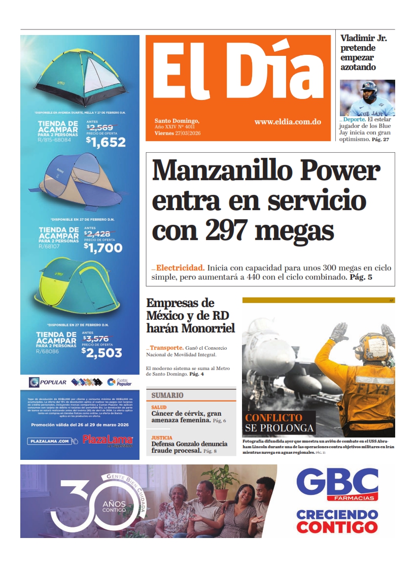 Portada Periódico El Día, Viernes 27, Marzo 2026
