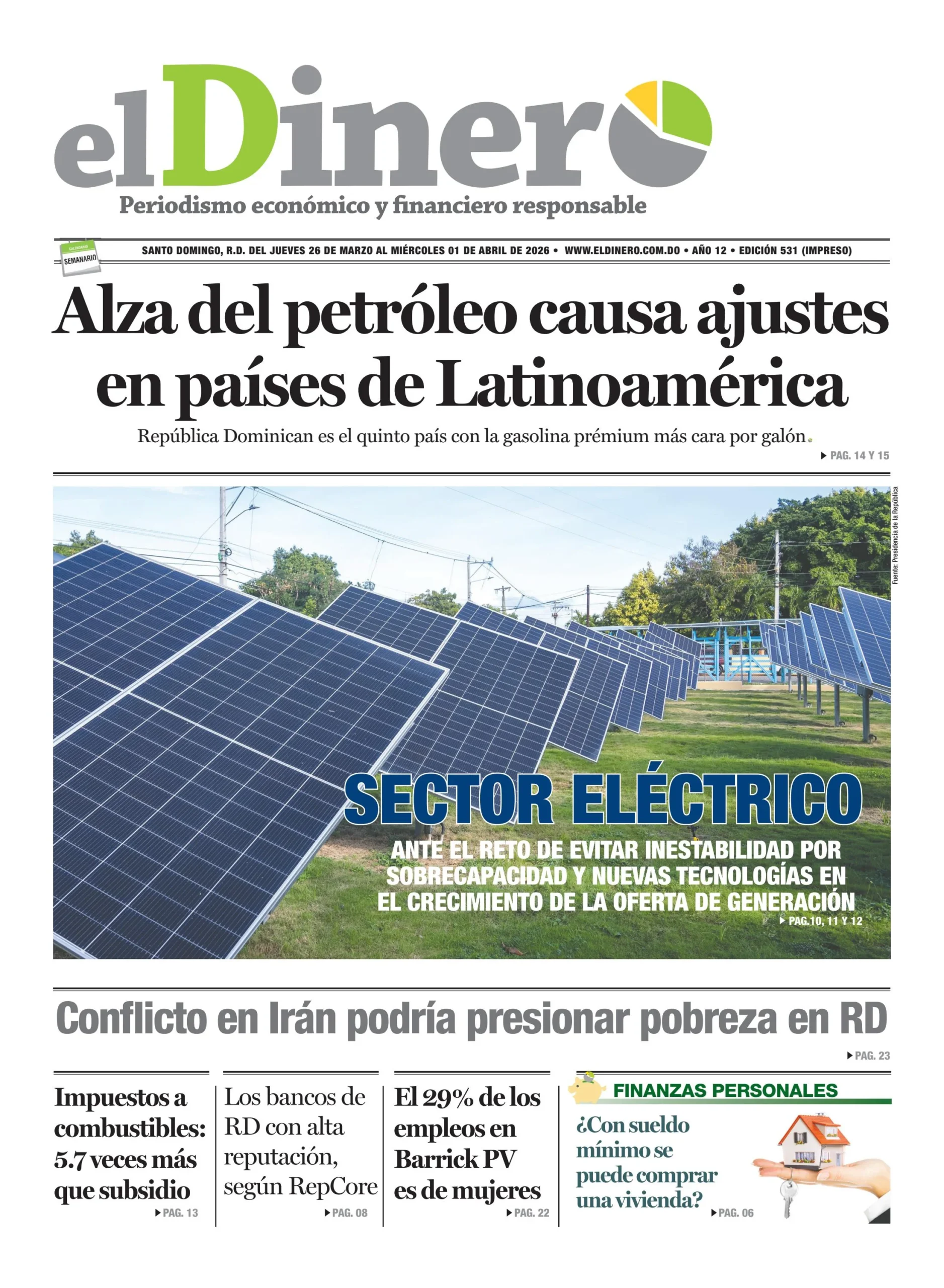 Portada Periódico El Dinero, Jueves 26, Marzo 2026