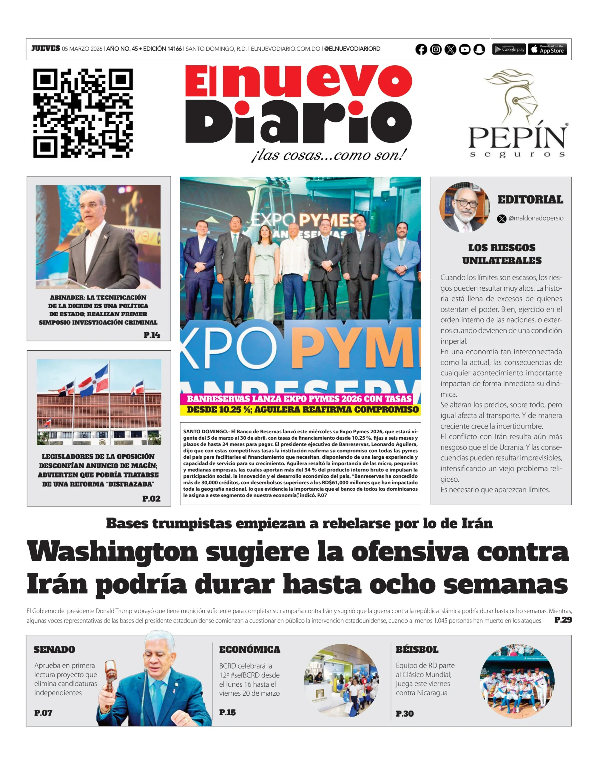 Portada Periódico El Nuevo Diario, Jueves 05, Marzo, 2026