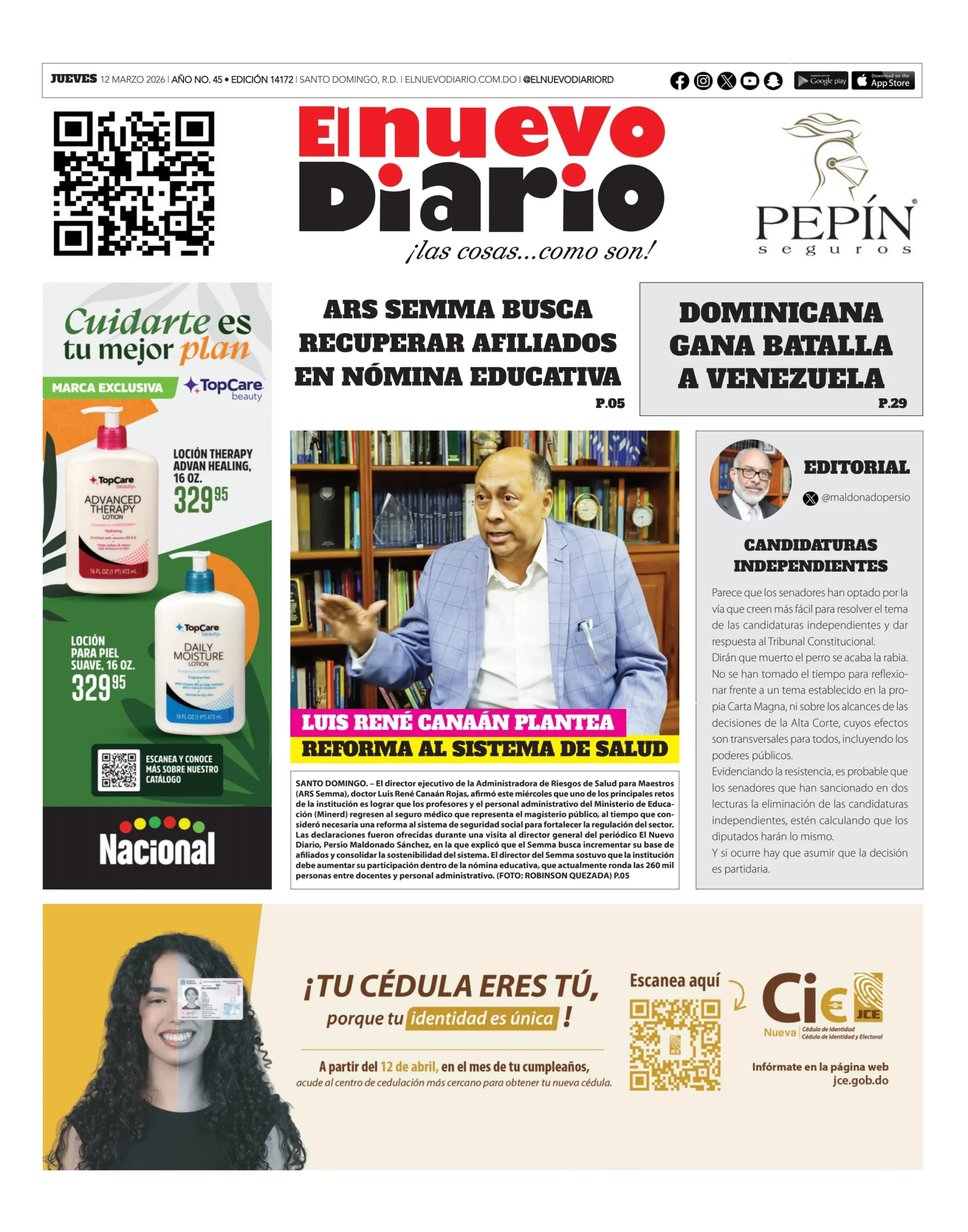 Portada Periódico El Nuevo Diario, Jueves 12, Marzo, 2026