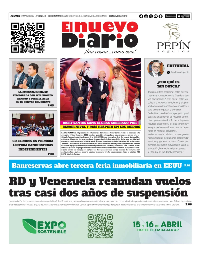Portada Periódico El Nuevo Diario, Jueves 19, Marzo, 2026