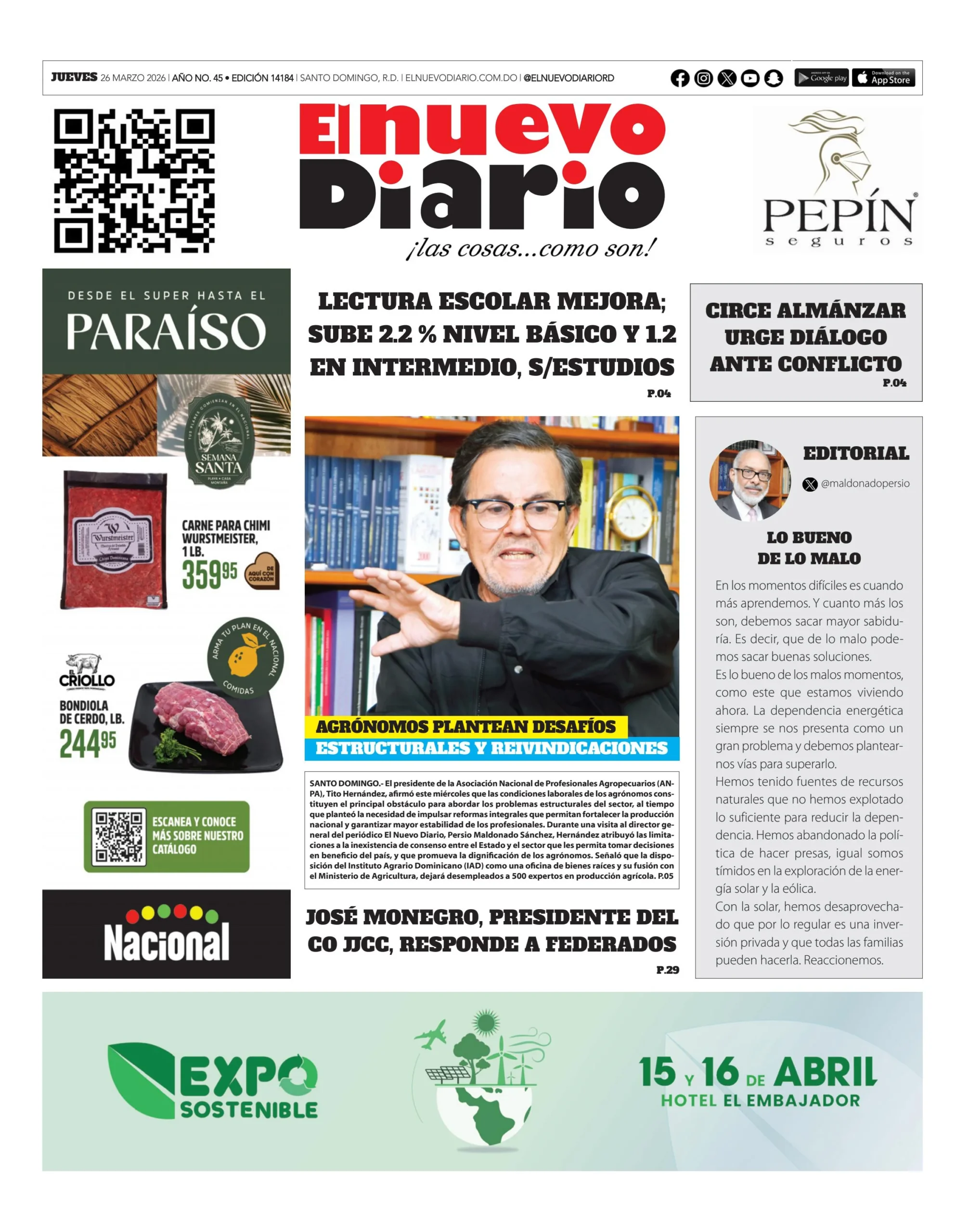 Portada Periódico El Nuevo Diario, Jueves 26, Marzo 2026