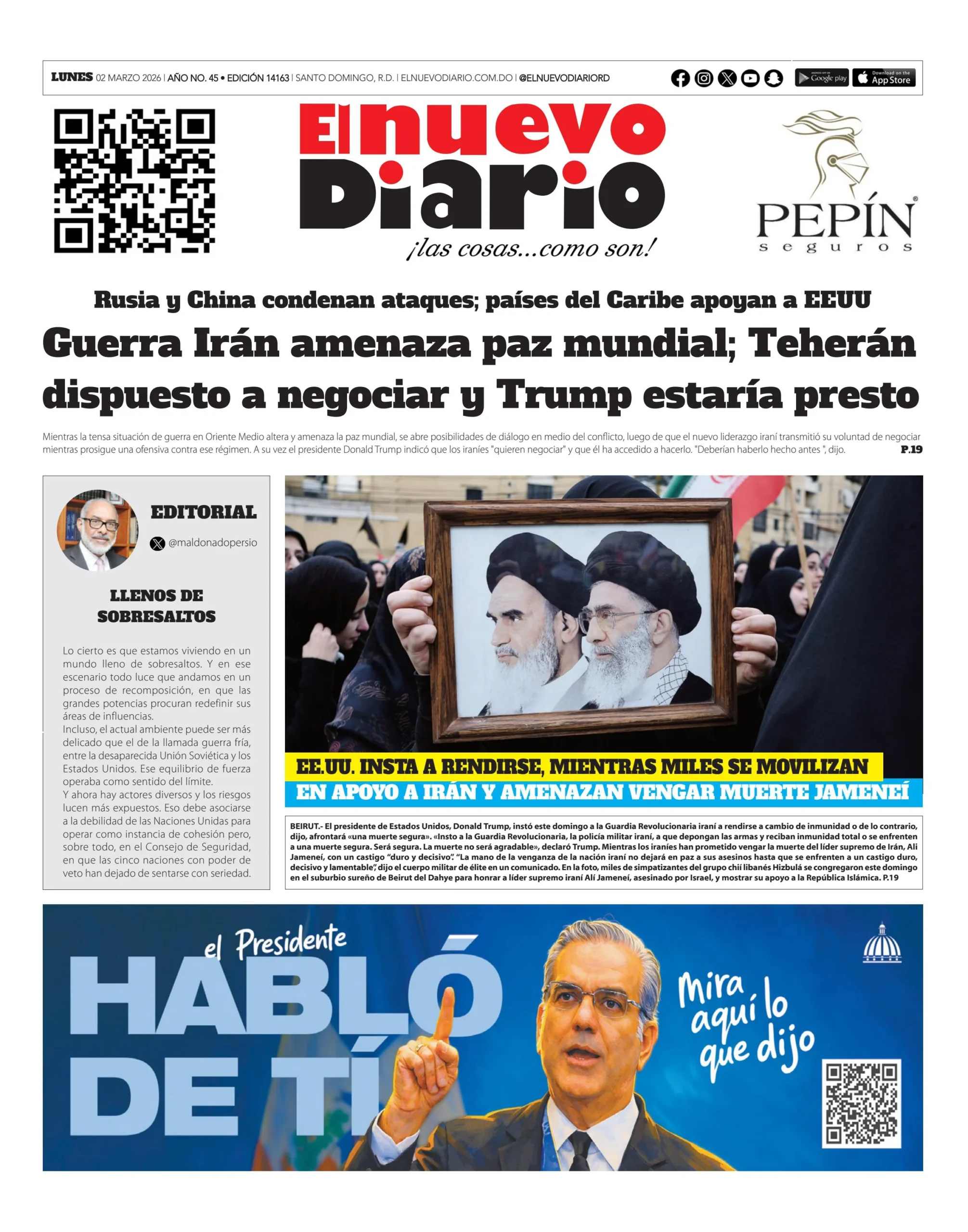 Portada Periódico El Nuevo Diario, Lunes 02, Marzo, 2026