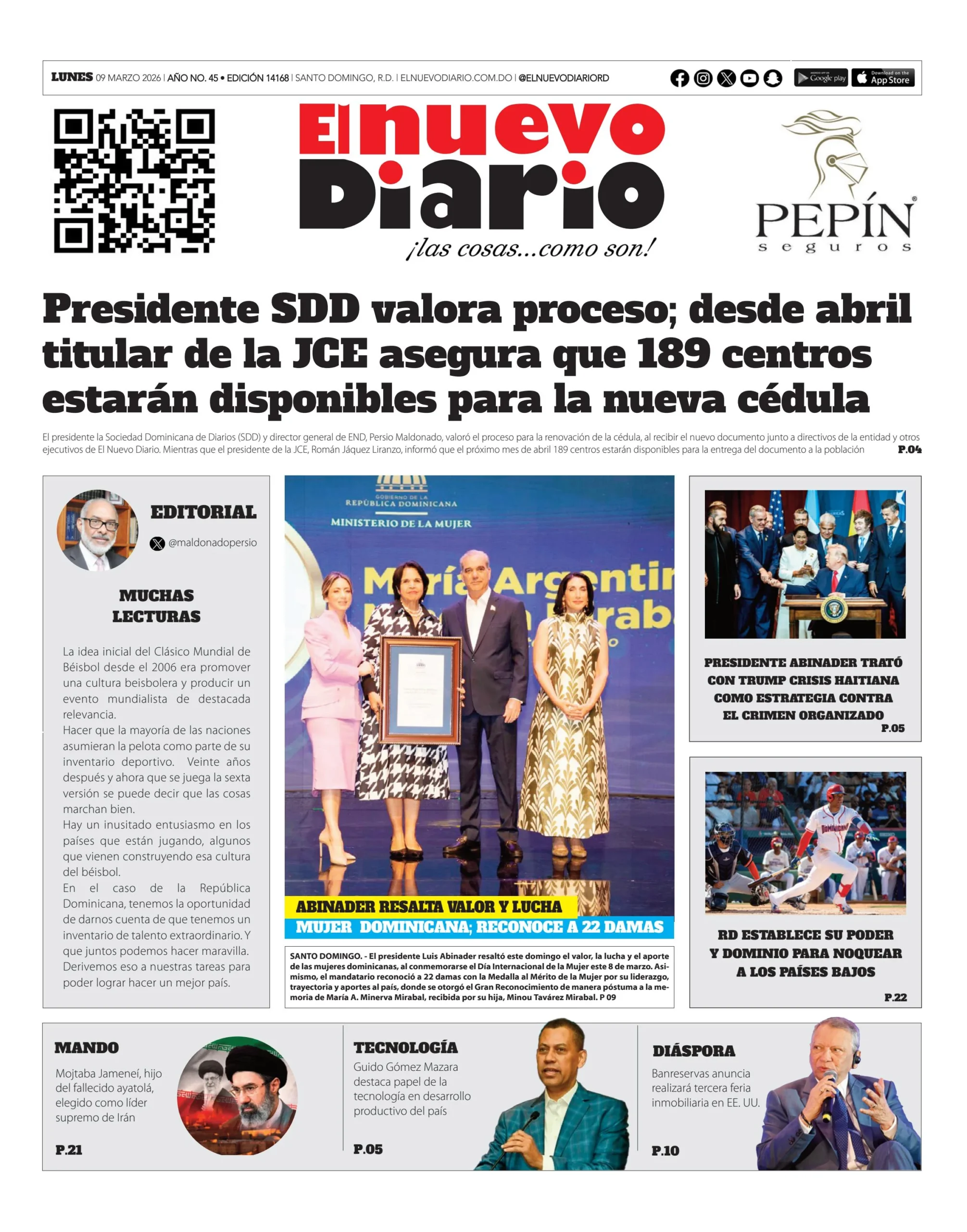 Portada Periódico El Nuevo Diario, Lunes 09, Marzo, 2026