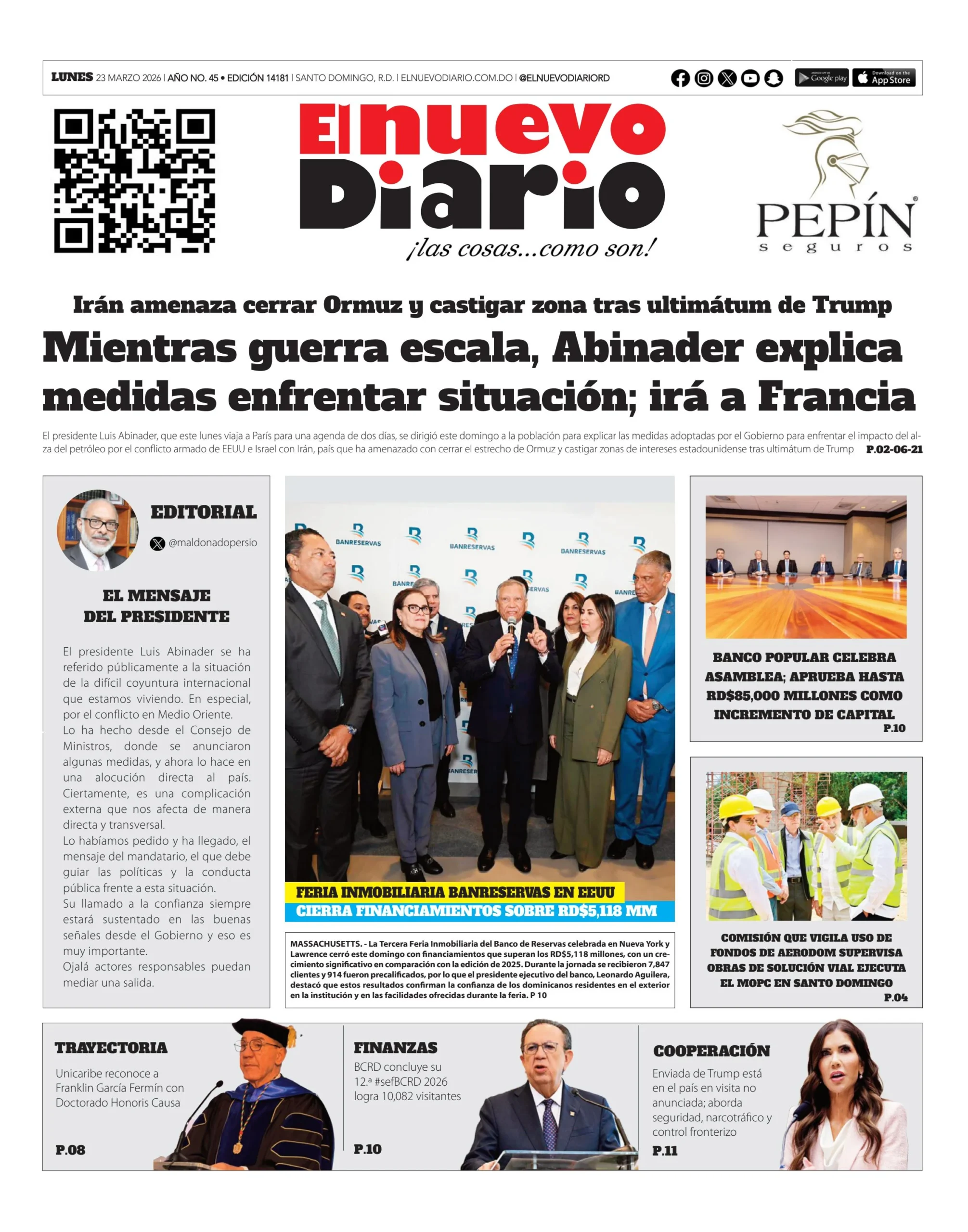 Portada Periódico El Nuevo Diario, Lunes 23, Marzo, 2026