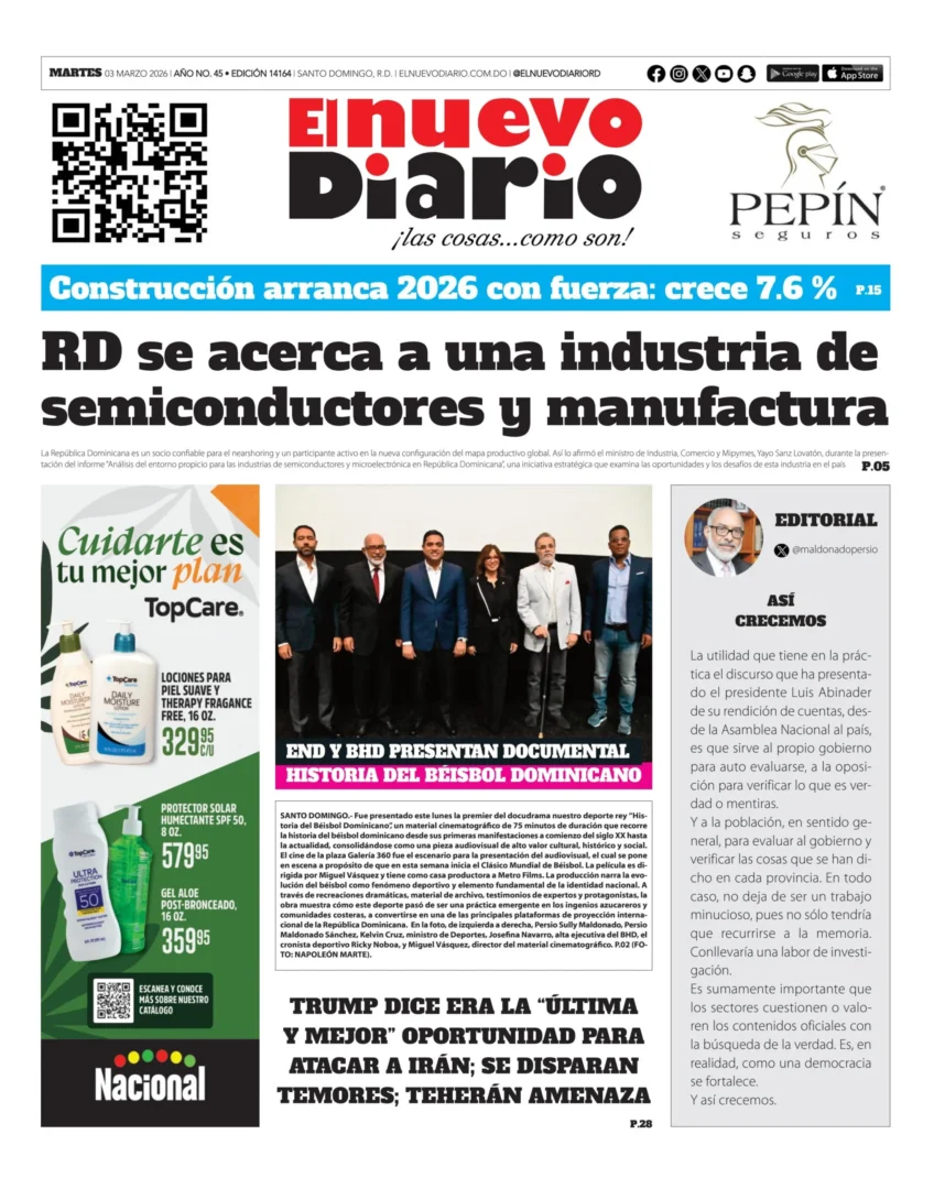 Portada Periódico El Nuevo Diario, Martes 03, Marzo, 2026