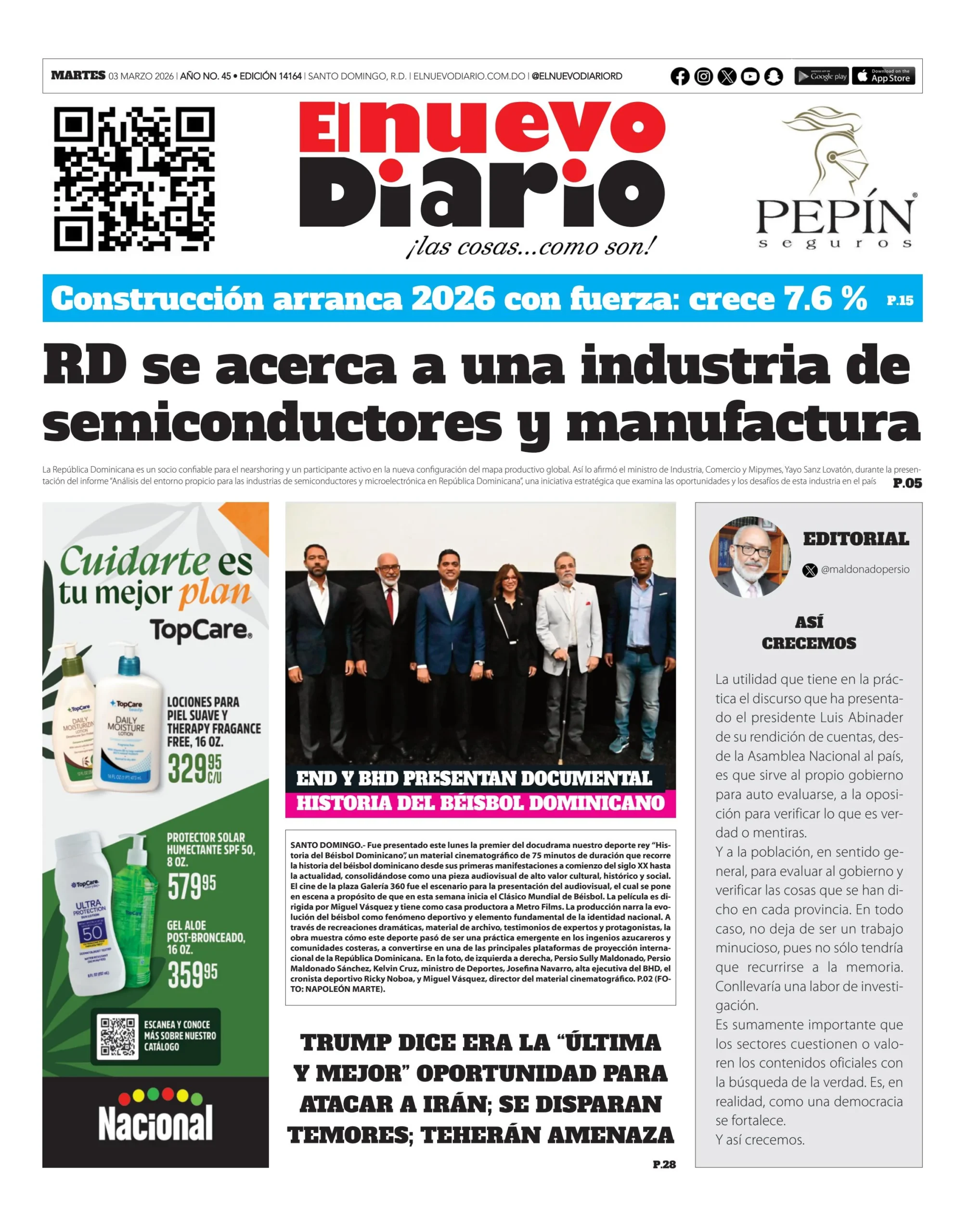 Portada Periódico El Nuevo Diario, Martes 03, Marzo, 2026