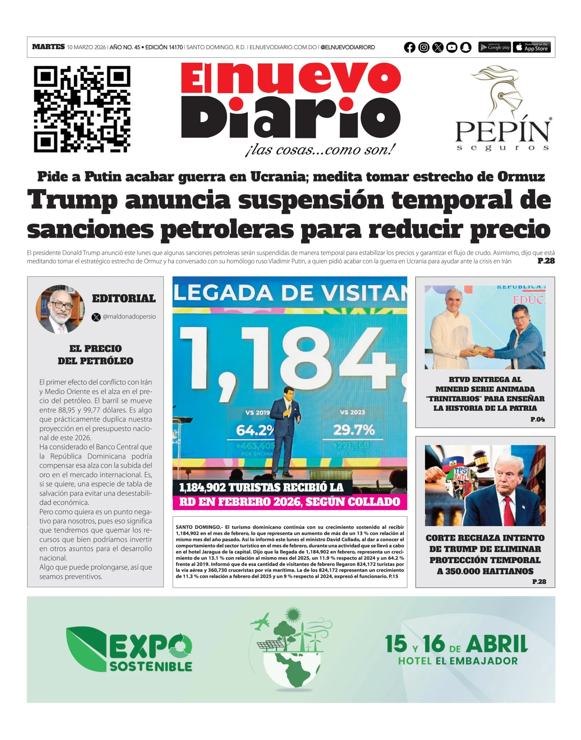 Portada Periódico El Nuevo Diario, Martes 10, Marzo, 2026