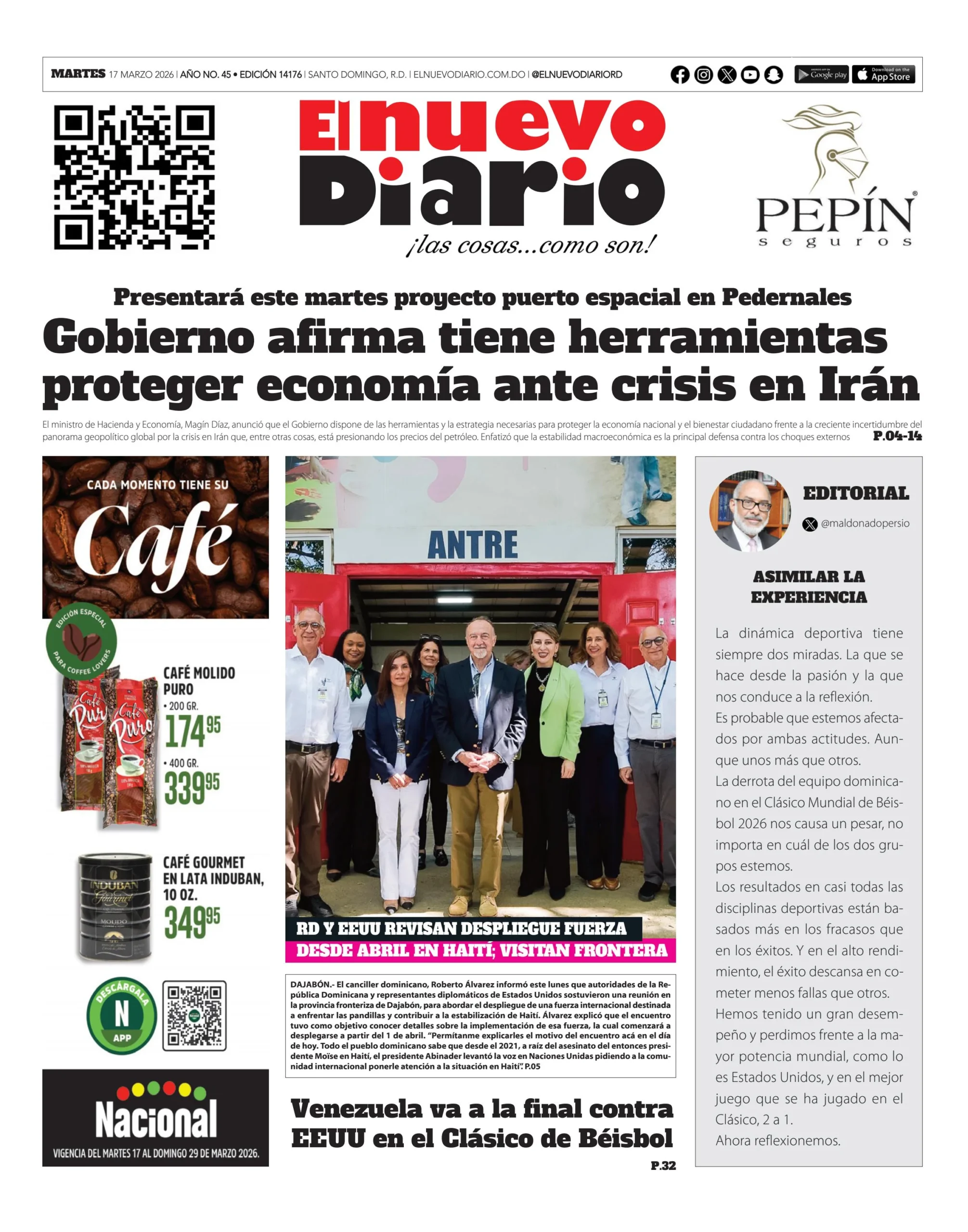 Portada Periódico El Nuevo Diario, Martes 17, Marzo, 2026
