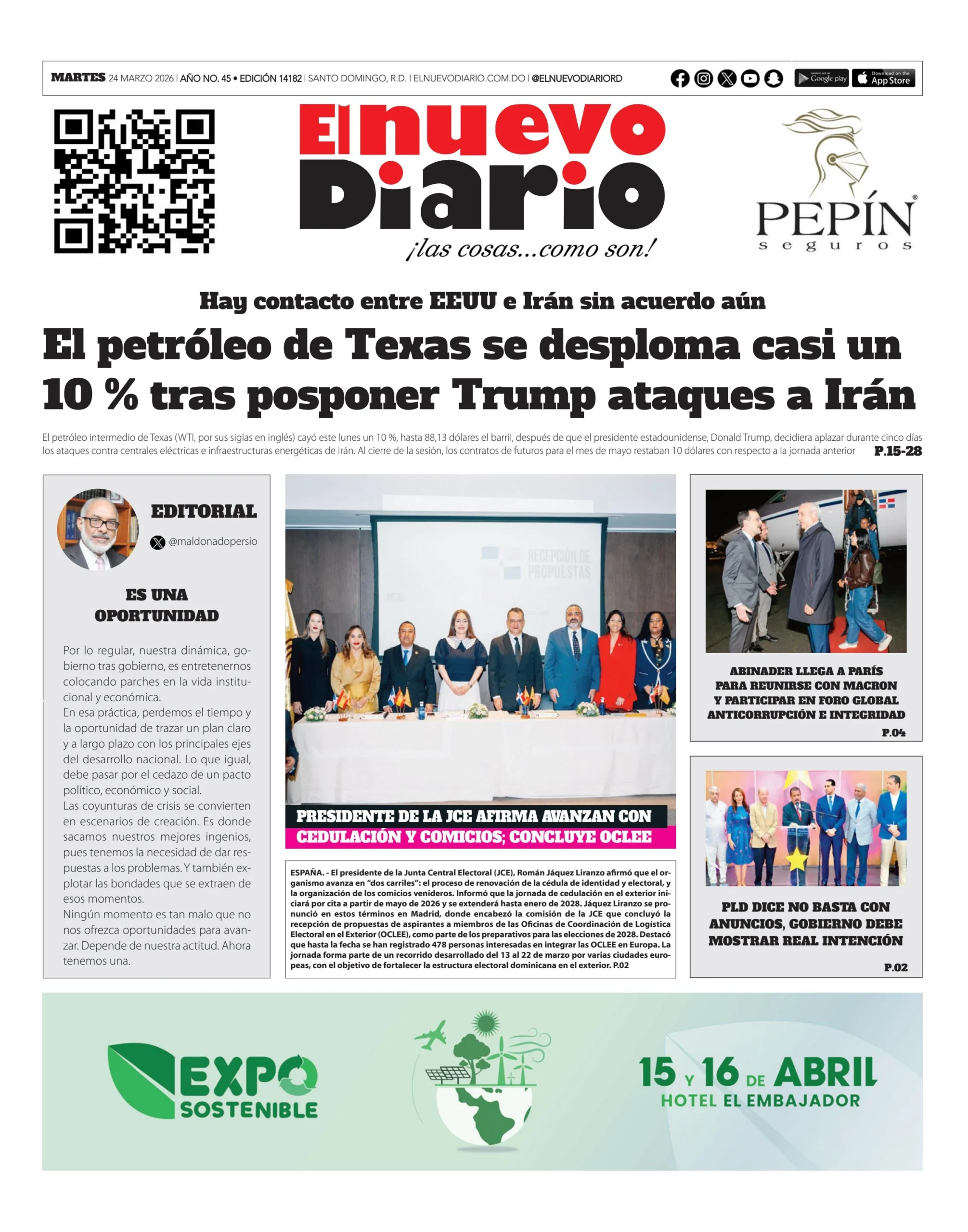 Portada Periódico El Nuevo Diario, Martes 24, Marzo, 2026