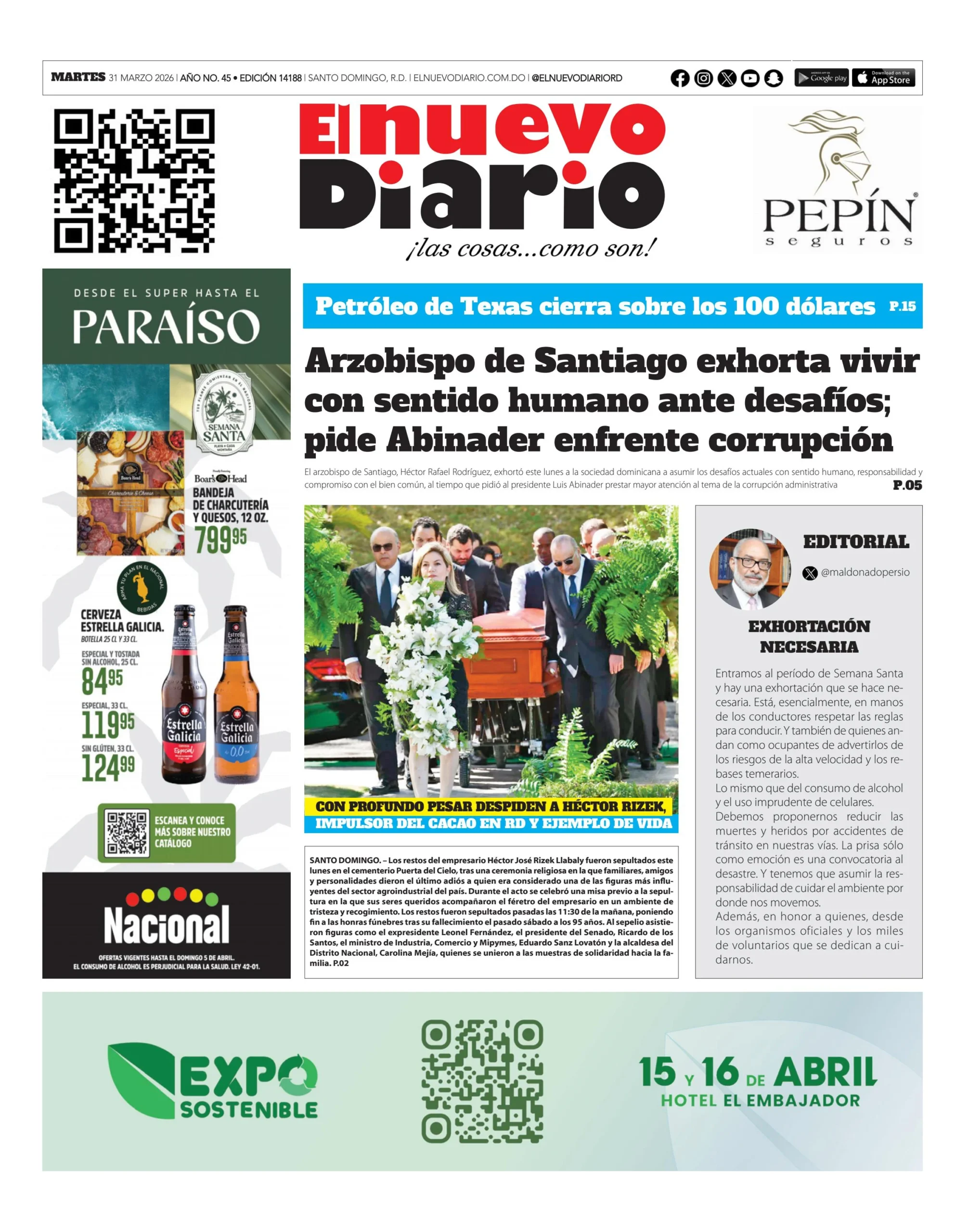 Portada Periódico El Nuevo Diario, Martes 31, Marzo 2026