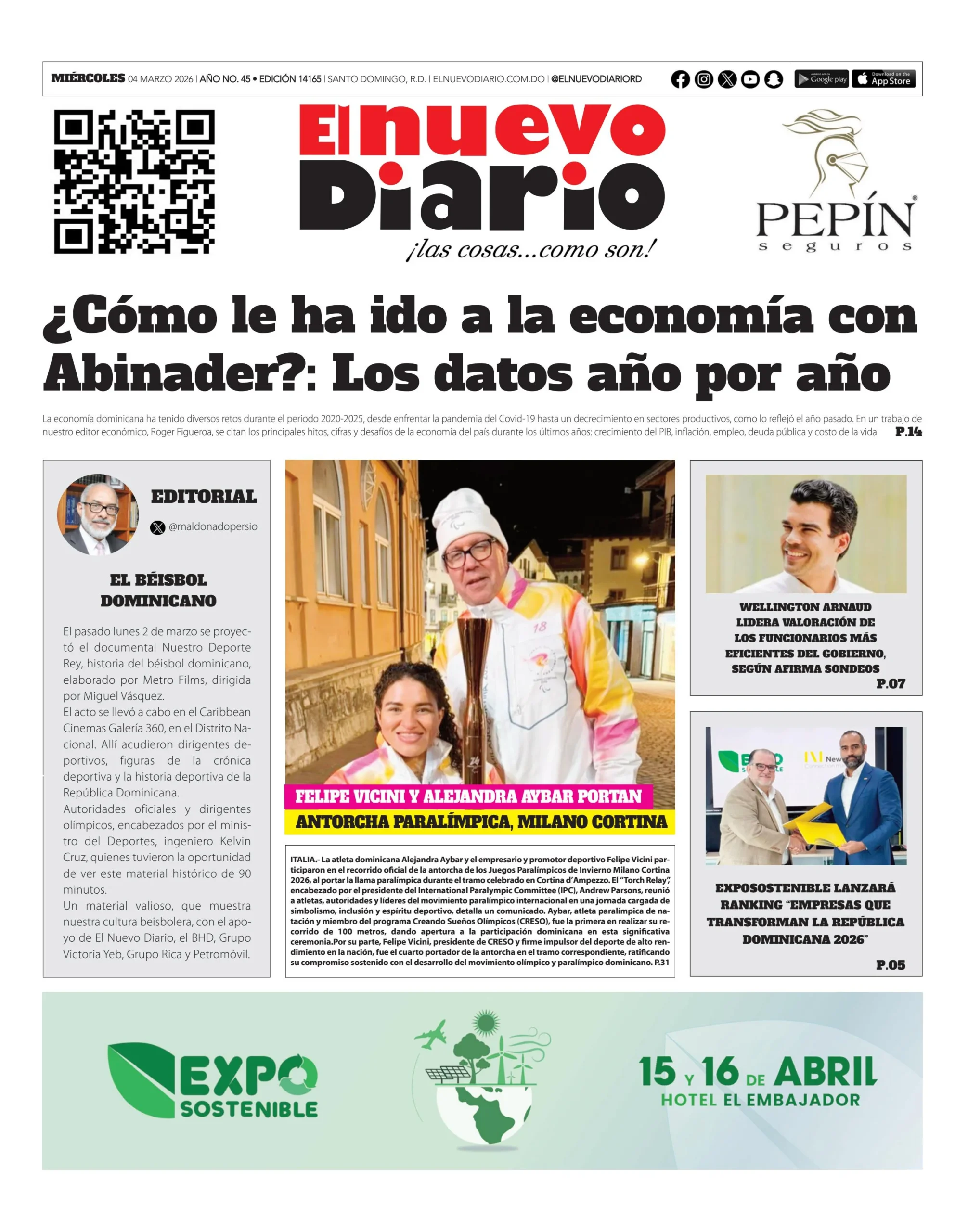 Portada Periódico El Nuevo Diario, Miércoles 04, Marzo, 2026