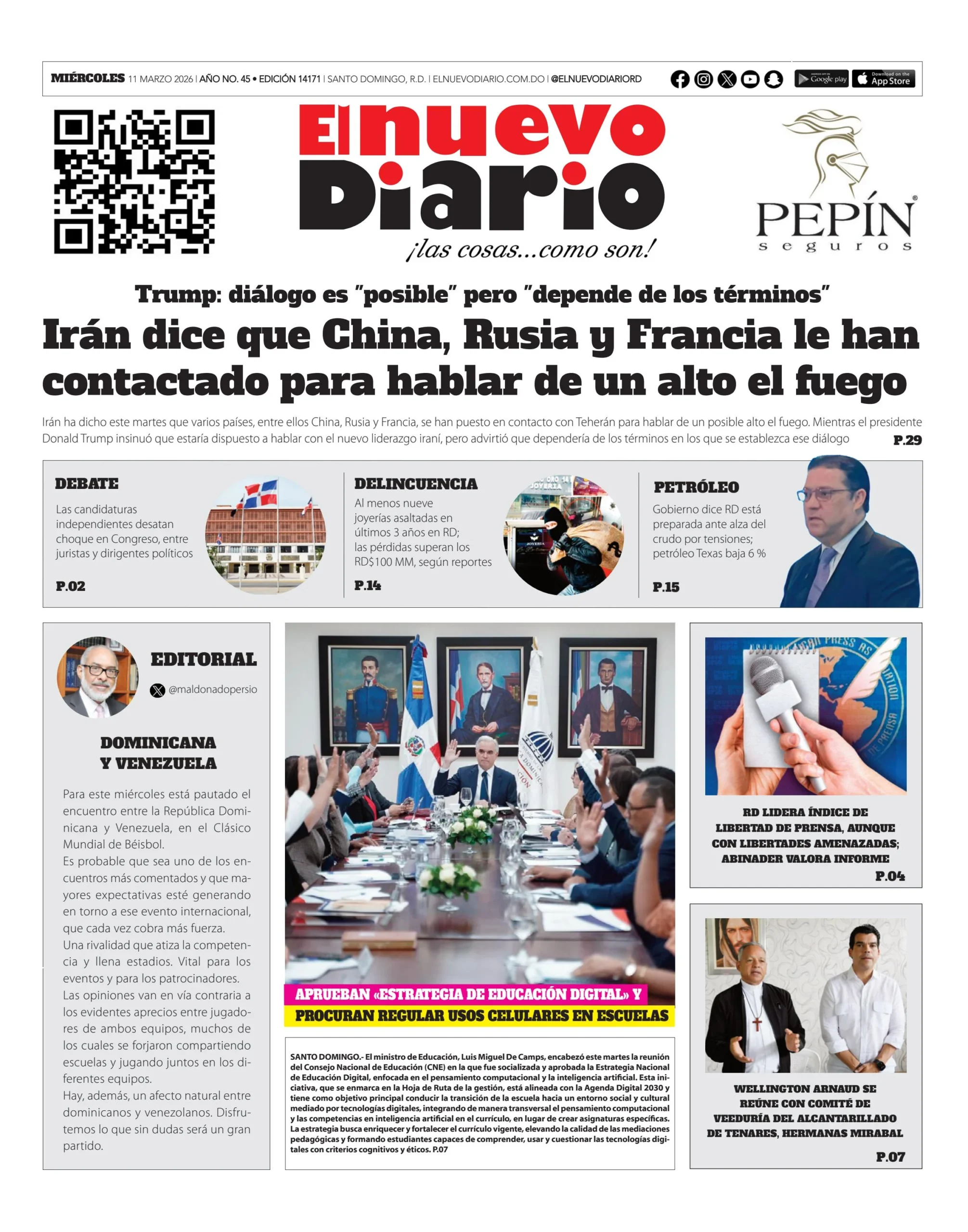 Portada Periódico El Nuevo Diario, Miércoles 11, Marzo, 2026