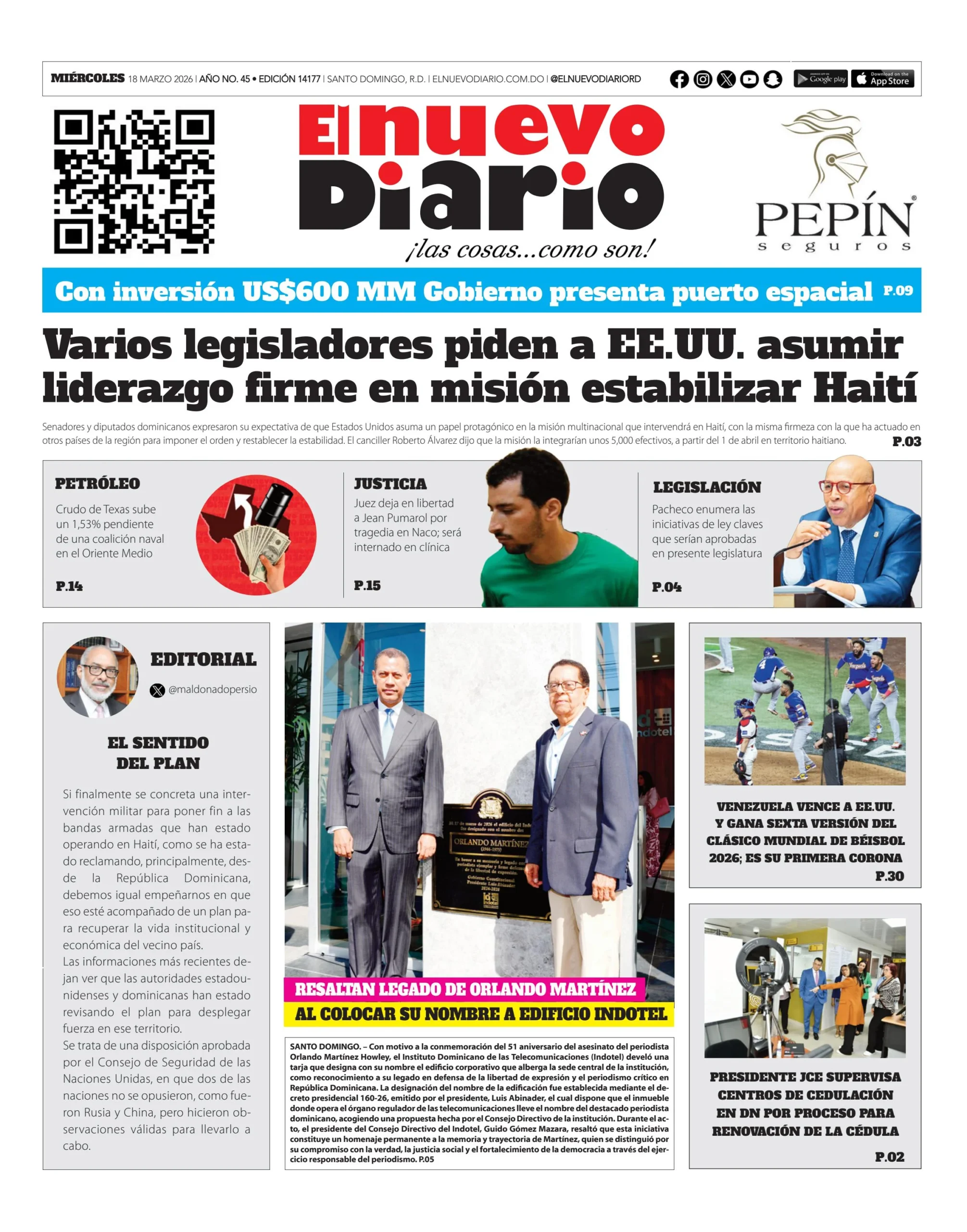 Portada Periódico El Nuevo Diario, Miércoles 18, Marzo, 2026