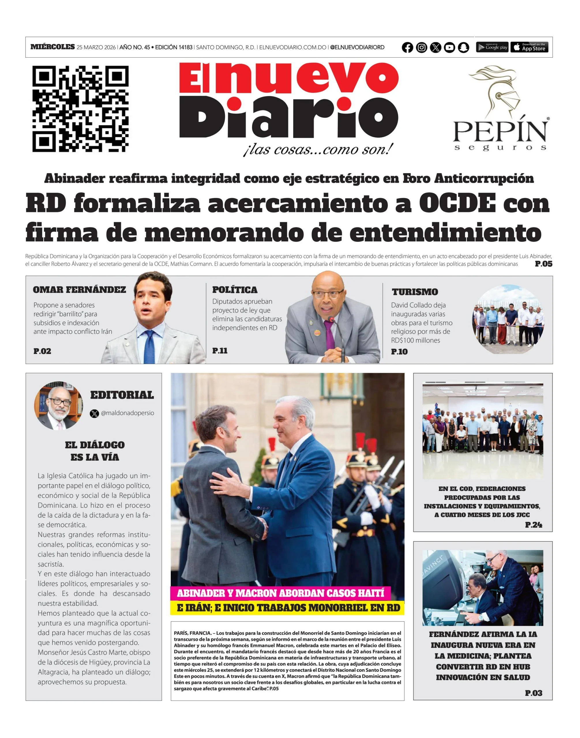 Portada Periódico El Nuevo Diario, Miércoles 25, Marzo, 2026