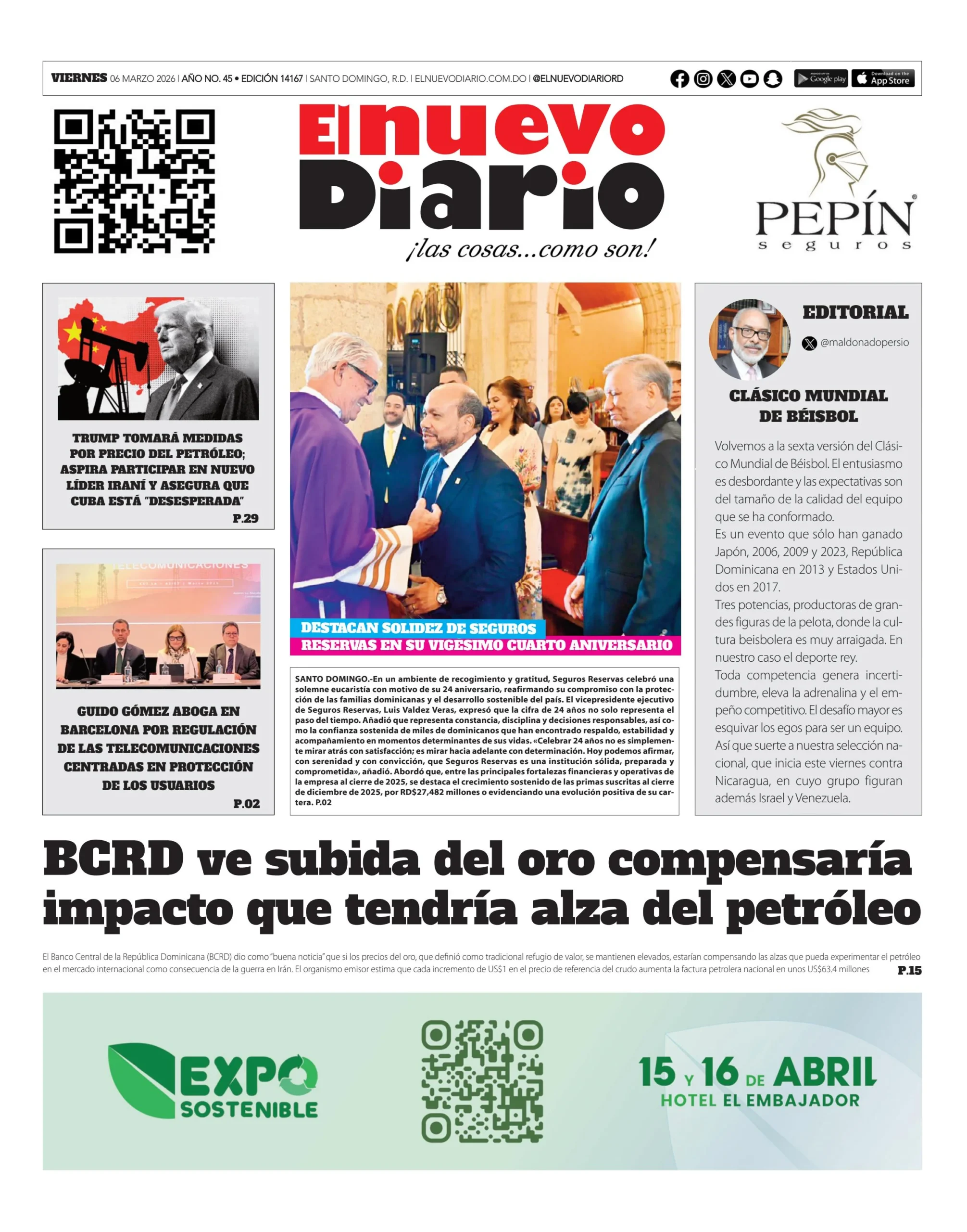 Portada Periódico El Nuevo Diario, Viernes 06, Marzo, 2026