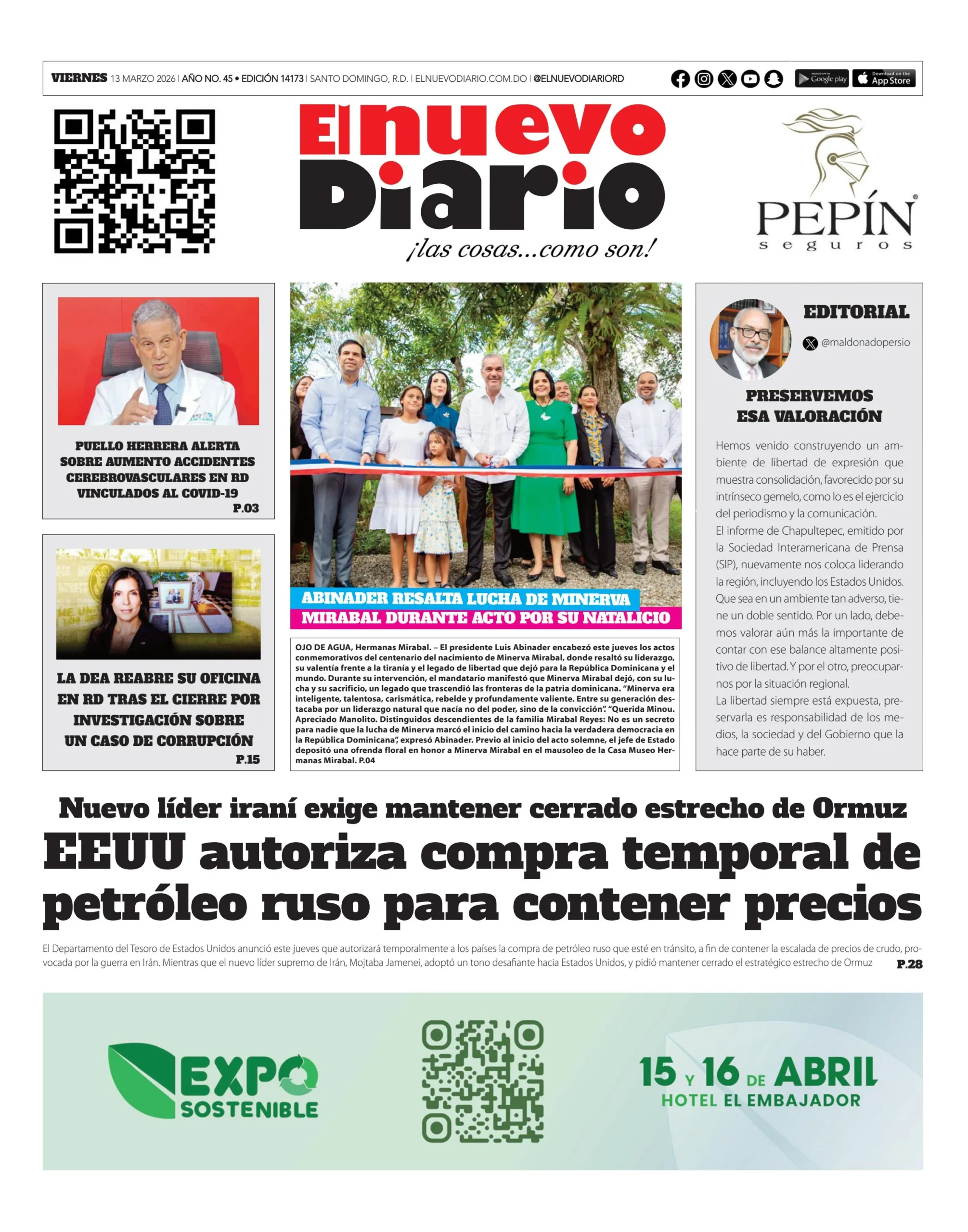 Portada Periódico El Nuevo Diario, Viernes 13, Marzo, 2026