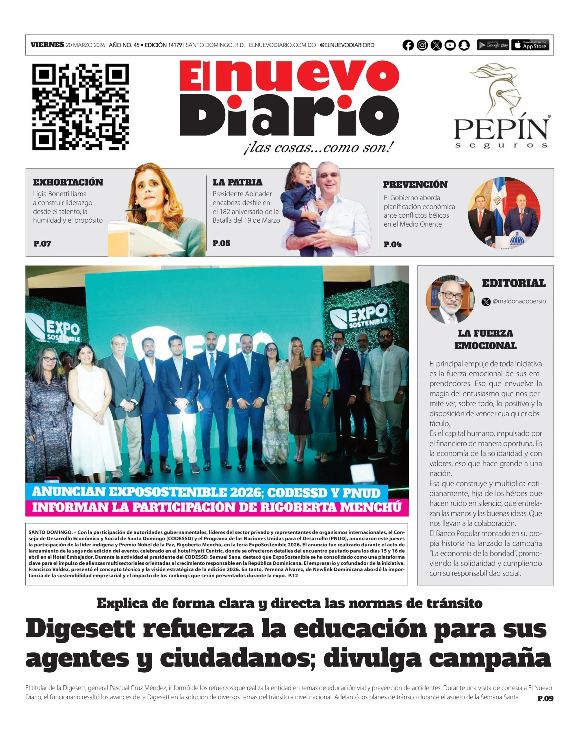 Portada Periódico El Nuevo Diario, Viernes 20, Marzo, 2026