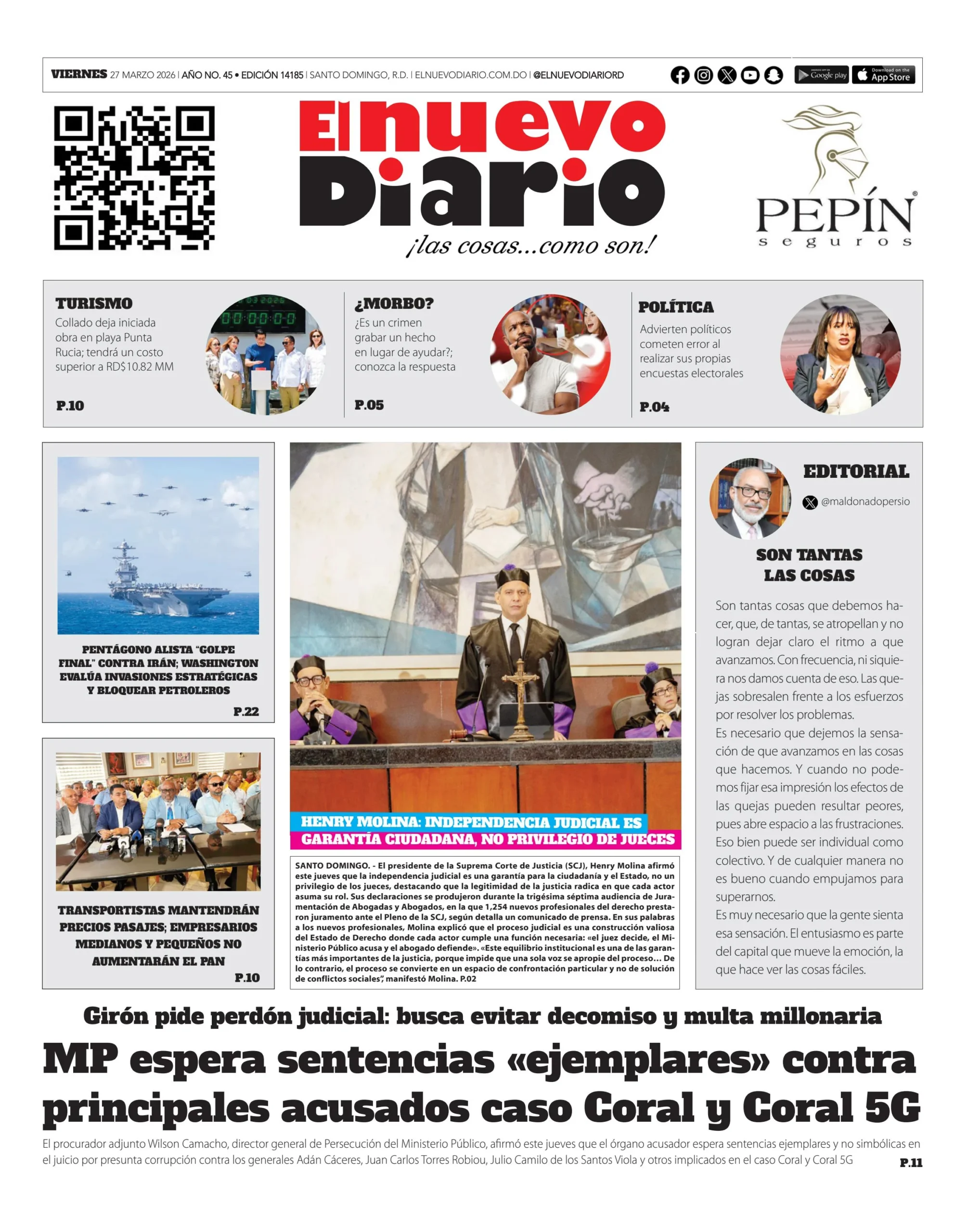 Portada Periódico El Nuevo Diario, Viernes 27, Marzo 2026