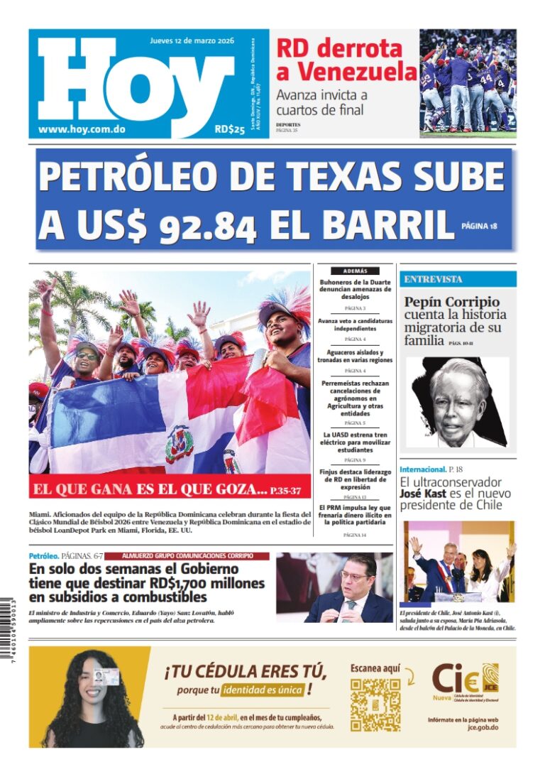 Portada Periódico Hoy, Jueves 12, Marzo, 2026