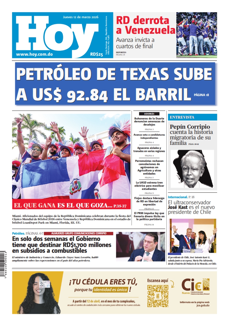 Portada Periódico Hoy, Jueves 12, Marzo, 2026