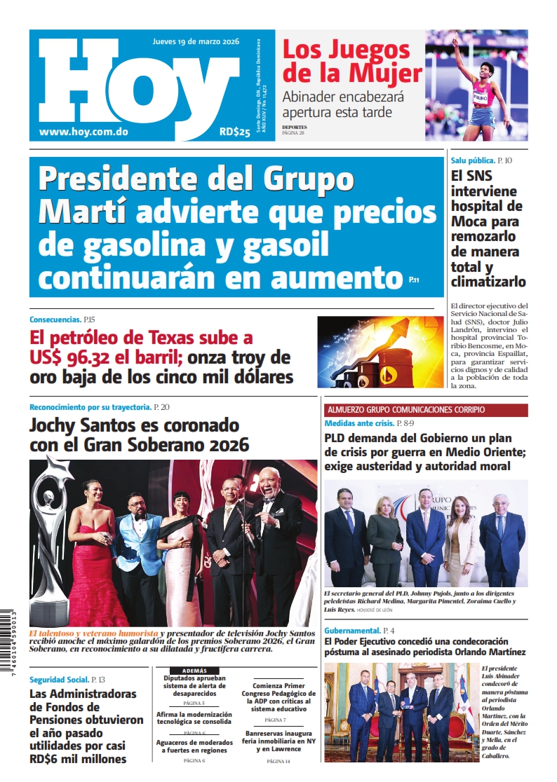 Portada Periódico Hoy, Jueves 19, Marzo, 2026