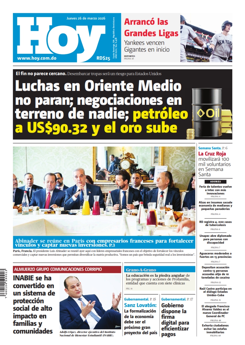 Portada Periódico Hoy, Jueves 26, Marzo 2026