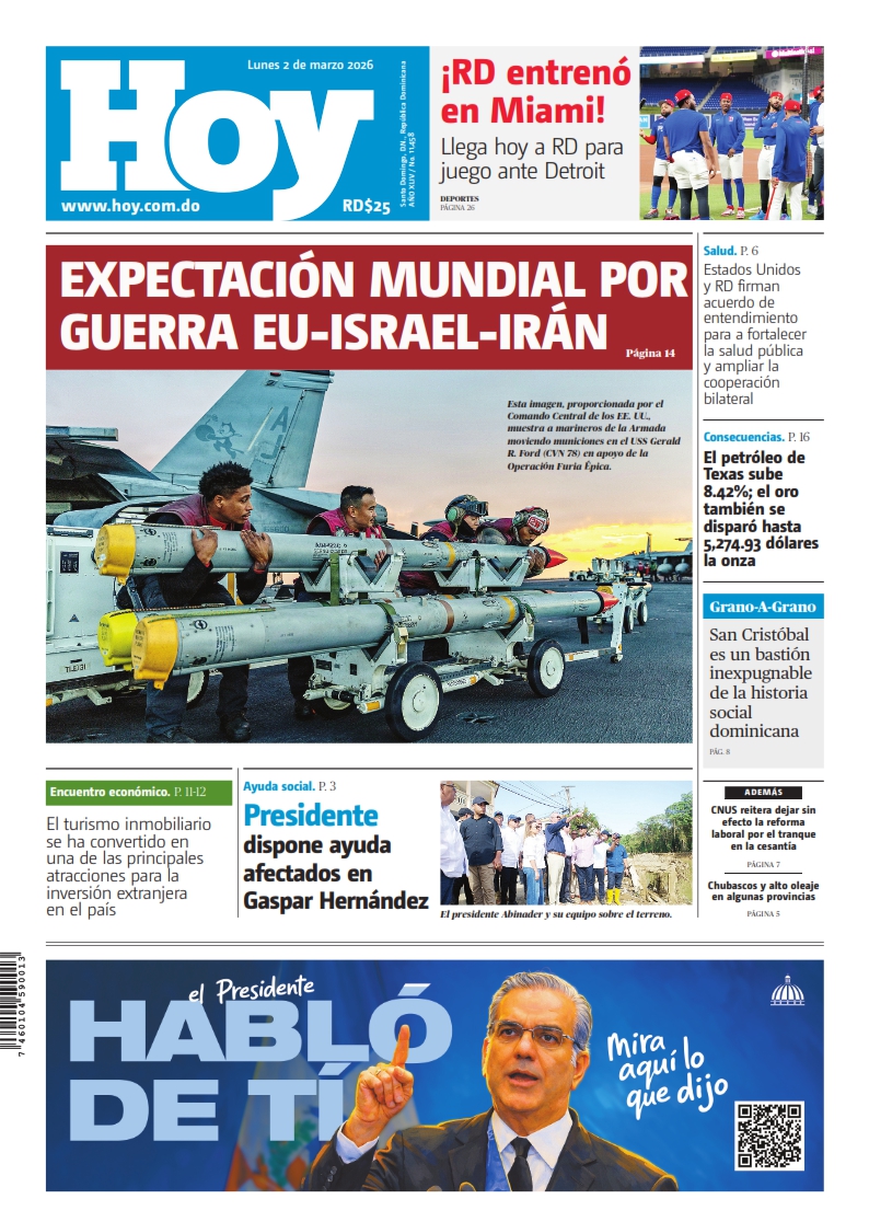 Portada Periódico Hoy, Lunes 02, Marzo, 2026