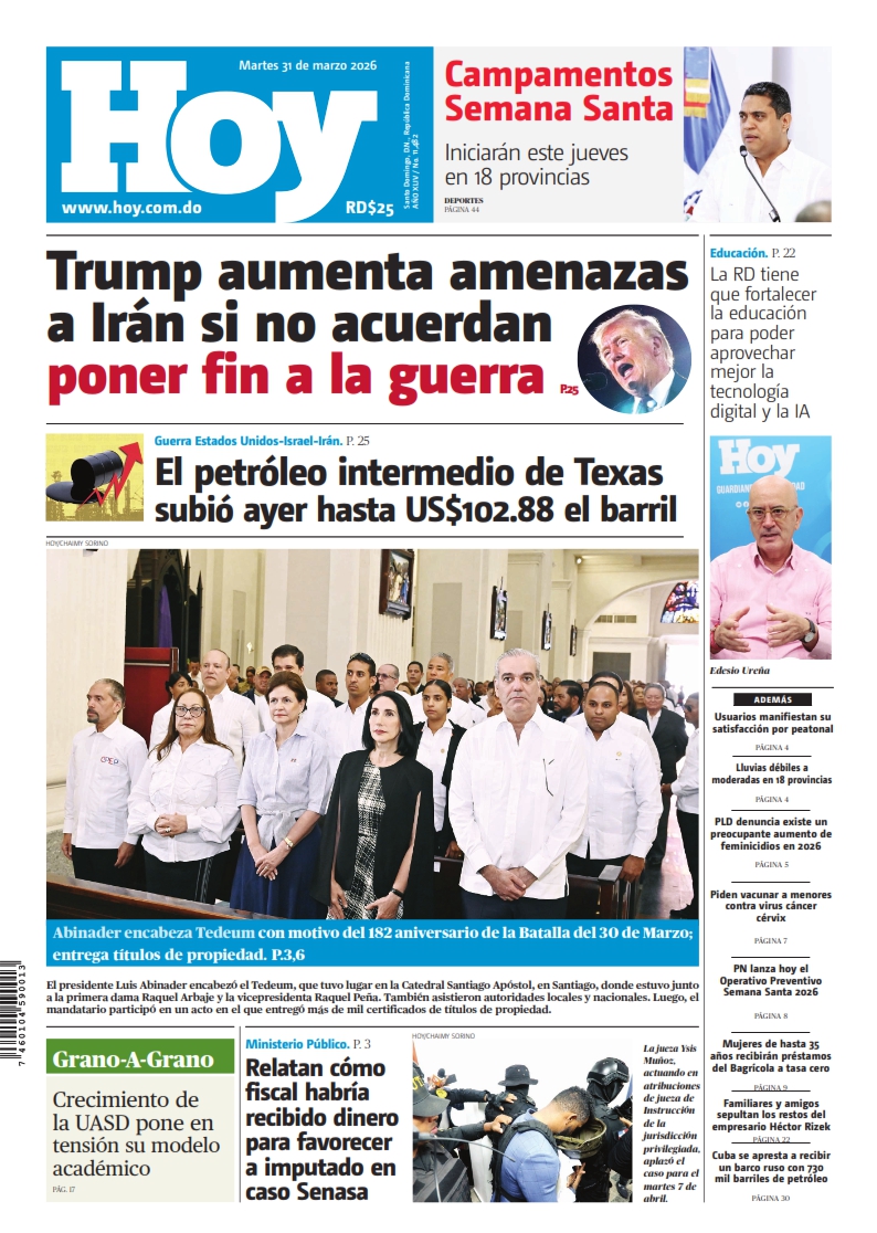 Portada Periódico Hoy, Martes 31, Marzo 2026