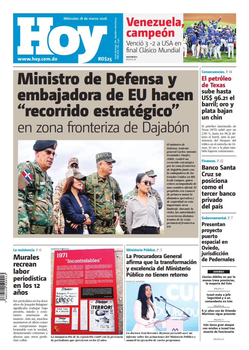 Portada Periódico Hoy, Miércoles 18, Marzo, 2026